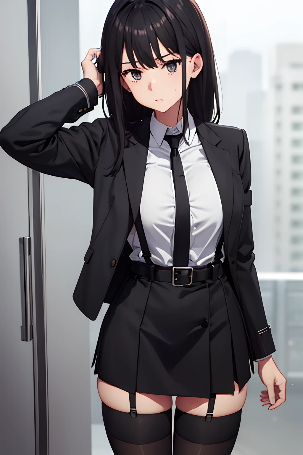 Suit,Collared shirt,Belt bag,Suspenders Black Miniskirt　garterbelts　knee high　Stockings　Black Niso　Colorcon armpit sweat　perspiring　Side of both hands,Black jacket,Gaze,ample bosom,Armpit sweat,Exposing the armpits"Tight clothes、、Wristband Bangs Center Parted　White mask