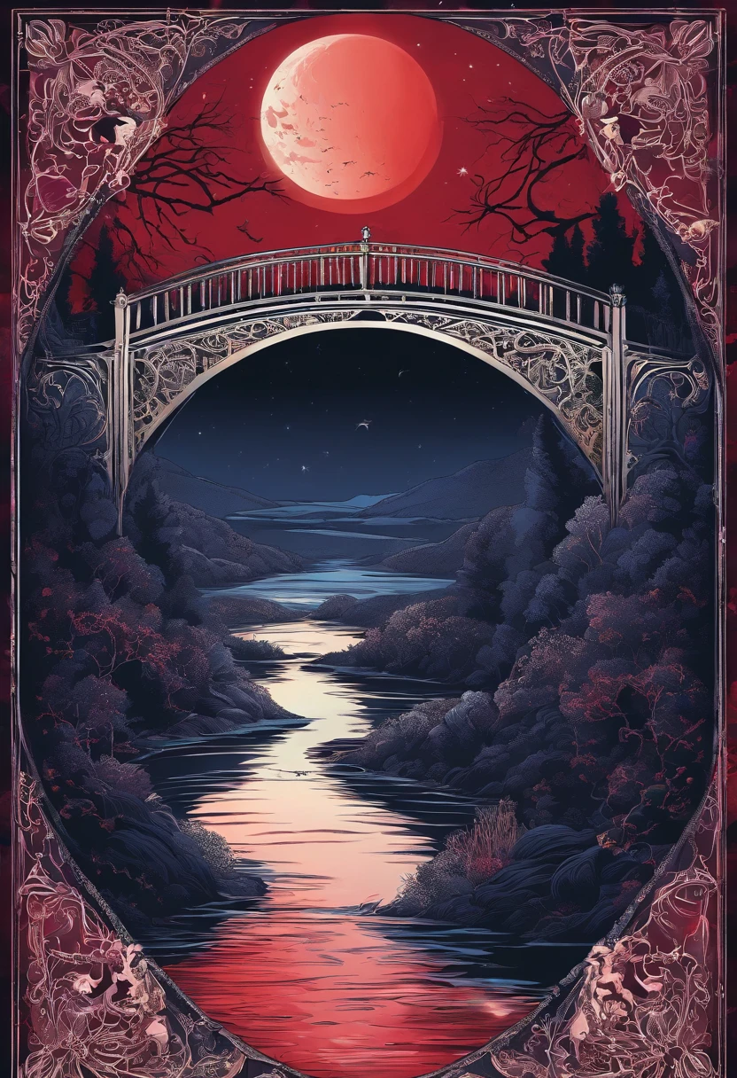 The dreaded Forget River under the red moonlight, A Naiho bridge, Haunting atmosphere, mystical,Highlight bridges and rivers