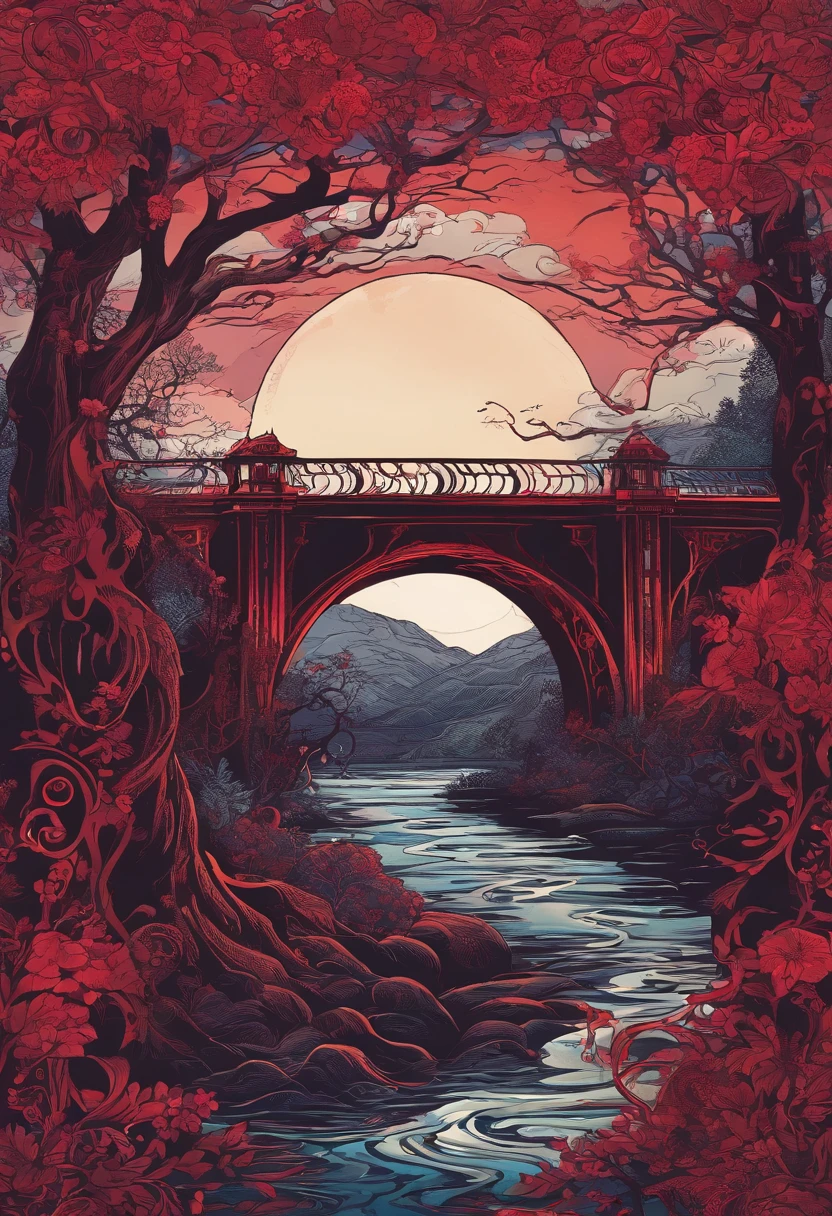 The dreaded Forget River under the red moonlight, A Naiho bridge, Haunting atmosphere, mystical，Highlight bridges and rivers