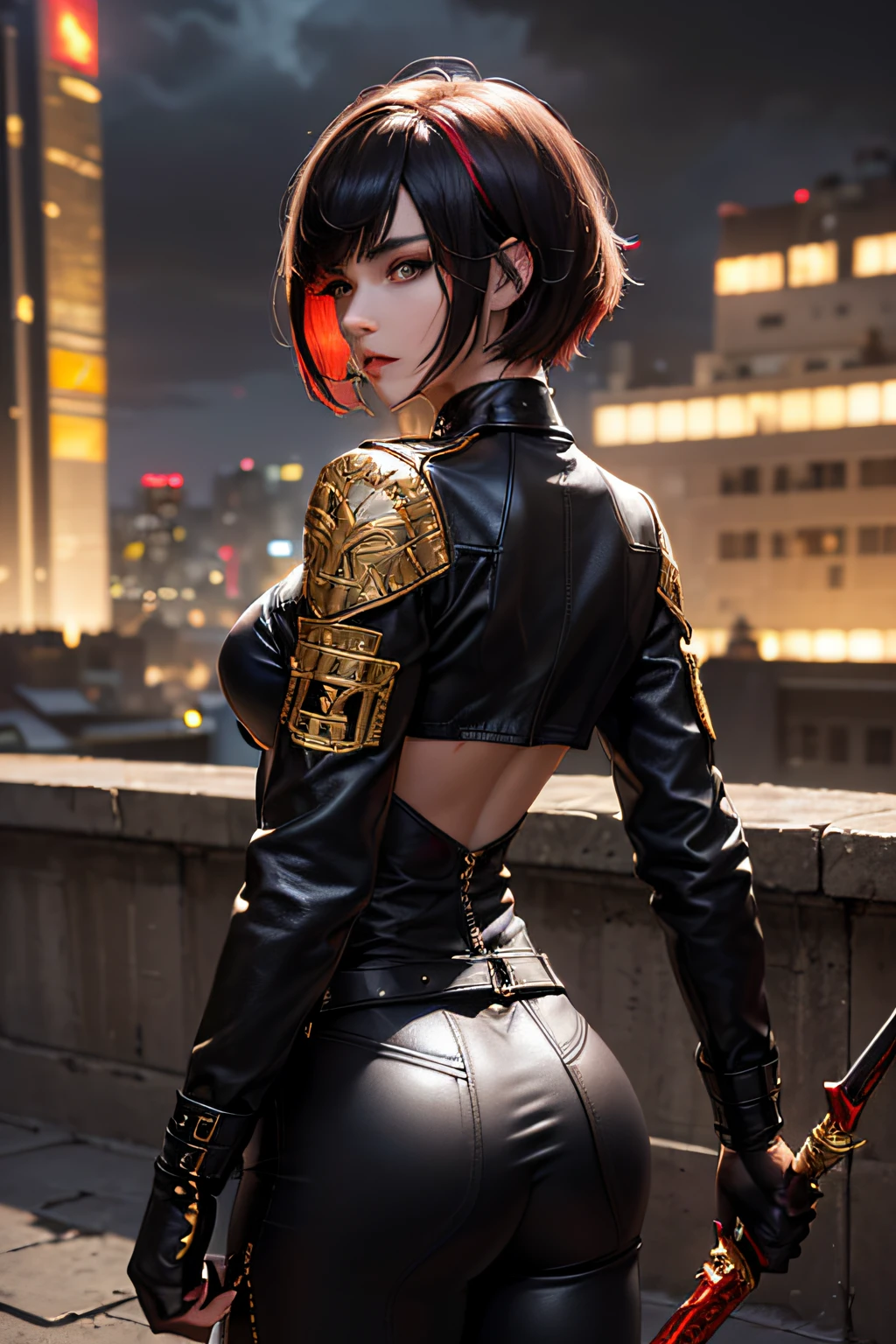 ((Best Quality:1.2, 8k,f/1.8,HDR, Sharp Focus:1.2, photo realistic:1.4, Masterpiece, depth:1.2, super fine :1.2, Ultimate 1Girl, Highly Detailed Facial Textures, detailed beauty makeup: 1.4, realistic skin, detailed eyes, detailed bangs)), (shining gold leather jacket), (leather pants), (headphones), （holding weapon), absurdity, (night city background), (dark clouds), (backlight), ((black and red two-tone asymmetrical short hair:1.2)), ((glaring)) , (big breasts), (mans surrounding girls: 1.4), (small chest tattoo), from above, looking back