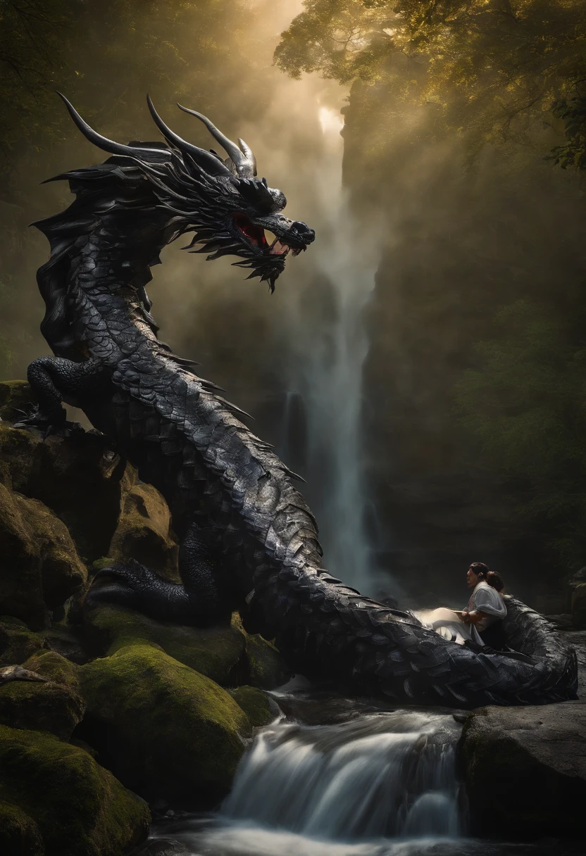 Asian-style black dragon flying around in a mysterious waterfall、The black dragon's body is long and undulating like a large snake, and a jewel is held in his right hand.、He roars with magnificent horns and a beard on his head.、Cat-eared girl who challenges the black dragon、[Object Object], (detailed facial features:1.3), (Raw photo, 16 K, masutepiece, Best Quality: 1.2), (ultra-realism, Ultra-dense and complex realism: 1.3), (Wide depth of field, Radiation Mapping, Ray tracing, god rays: 1.2), High dynamic range, Vivid, Rich details, Clear shadows and highlights, Realistic, Formidable, Increased contrast, Cat-eared girl in Japanese clothes fighting a black dragon in a mysterious waterfall、