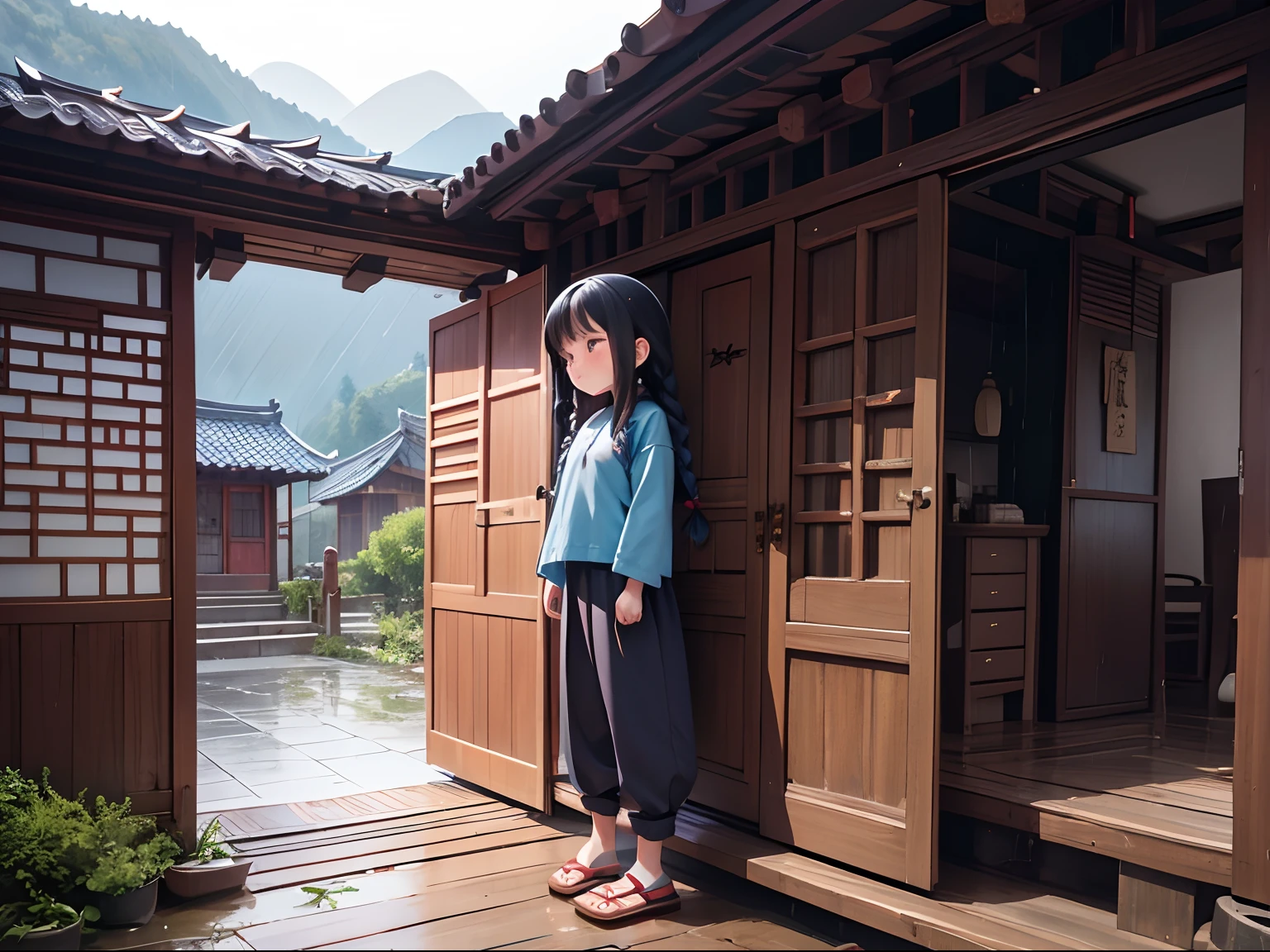 A little Chinese girl,Two twisted braids,There is a blush on the face,Blue shirt and pants,The clothes are the clothing of the Zhuang people,Standing in the doorway,It was sad to watch the heavy rain outside the door,The girl lives in the village house,The house is an old wooden house,Surrounded by mountains and waters,It was raining heavily outside,The was a little sad,The house is a wooden house of the Chinese Zhuang people,A little old,Highlight character details,
