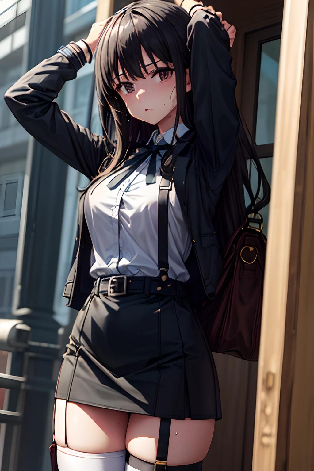 Suit,Collared shirt,Belt bag,Suspenders black mini skirt garterbelts knee high Stockings Black Niso Colorcon armpit sweat perspiring Side of both hands,Black jacket,Gaze,ample bosom,Armpit sweat,Exposing the armpits"Tight clothes handcuffs bet
