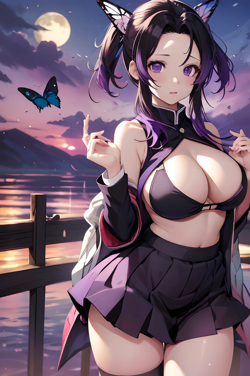 Kochou Shinobu, 1girl,masterpiece, multicolored hair,sleeveless, purple eyes, black jacket,black skirt,uniform, white haori, , multiple butterflies, , laked sunset, lens flare, perfect lighting, highest quality, hands behind, thick thighs, large breasts, big cleavage, highest quality, high resolution,nsfw, bikini, pov, small bikini, sexy, slutty