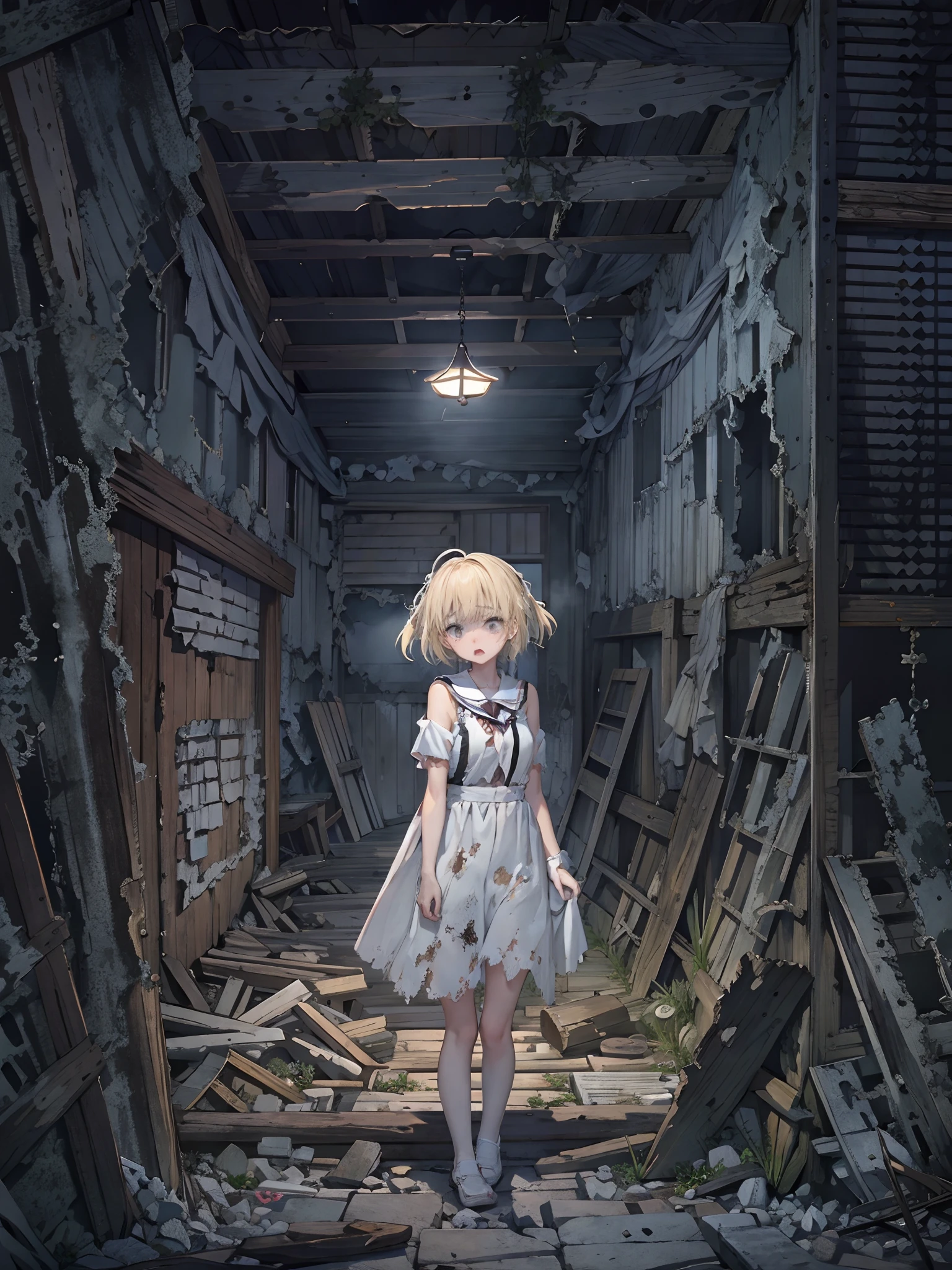 masutepiece,finely detail,8K,Haunted spot,mid night,Ruins,A ghost is standing behind,Crumbled room,horror atmosphere,独奏,Short twin-tailed blonde hair and short twin-tailed blonde hair,Frightened look,Tears,Tattered white sailor suit、Tattered skirt、Sweat appears、Frightened by fear、Dark place without light、Scream、Dark basement、Tattered furniture、Pitch dark place without light、Crouch down、Hold your head