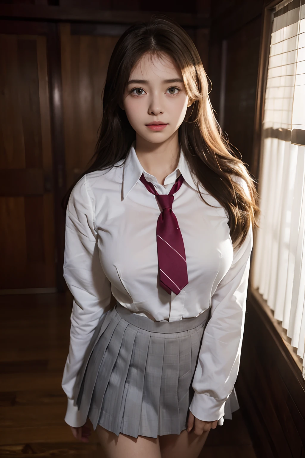 ((beautiful a girl:1.3))((School Uniforms:1.4))((pantyshot:1.3))((highschool)),((White pleated skirt:1.3)) ((White shirt with long sleeves:1.2))((red necktie:1.3))((in class room:1.3)) ((Long brown hair:1.2)) ((Full body:1.3)) ((Smile:1.3))((Thin_fabric:1.4)) ((is standing:1.3)) ((full of sweat:1.5))((with a flushed face:1.4)) ((Big breasts:1.4)) ((close-up:1.2)) Best Quality,masutepiece,超A high resolution,(Photorealistic:1.4),Raw photo,(Authentic skin texture:1.3),(Film grain:1.3),the panorama,Character Portrait,Very Wide Shot,Narrow waist,Cowboy Shot,(In the Dark, deepshadow, lowkey, cold light,) Night,((FULL BODYSHOT)),Streaming Tears,,Dust,Tindall Effect,(expression),1girl in,beautiful detailed eyes and face,White Jabot,Brown eyes,
