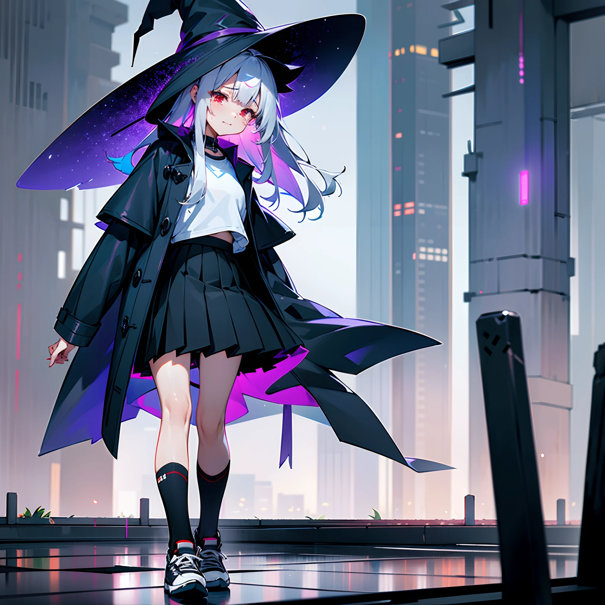 Rainy nights、An urban area lined with buildings、TOKYOcty、Standing Girl、Black coat、white t-shirt、a black skirt、beautiful thigh、Beautiful calves、Rob hair with white hair color with blue-violet mesh、Looking at me crying、Black sneakers with white shoelaces、Large witch hat with sapphire accessories、Red eyes with highlights、