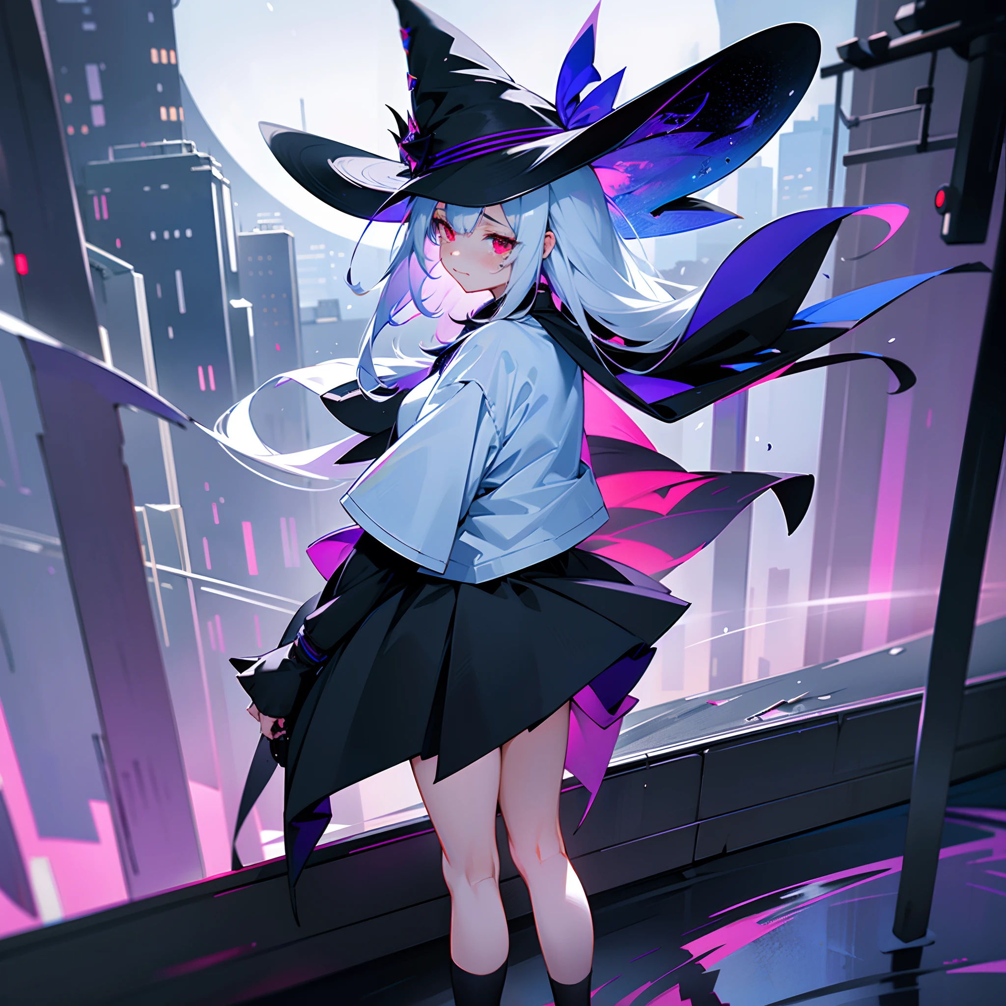Rainy nights、An urban area lined with buildings、TOKYOcty、Standing Girl、Black coat、white t-shirt、a black skirt、beautiful thigh、Beautiful calves、Rob hair with white hair color with blue-violet mesh、Looking at me crying、Black sneakers with white shoelaces、Large witch hat with sapphire accessories、Red eyes with highlights、