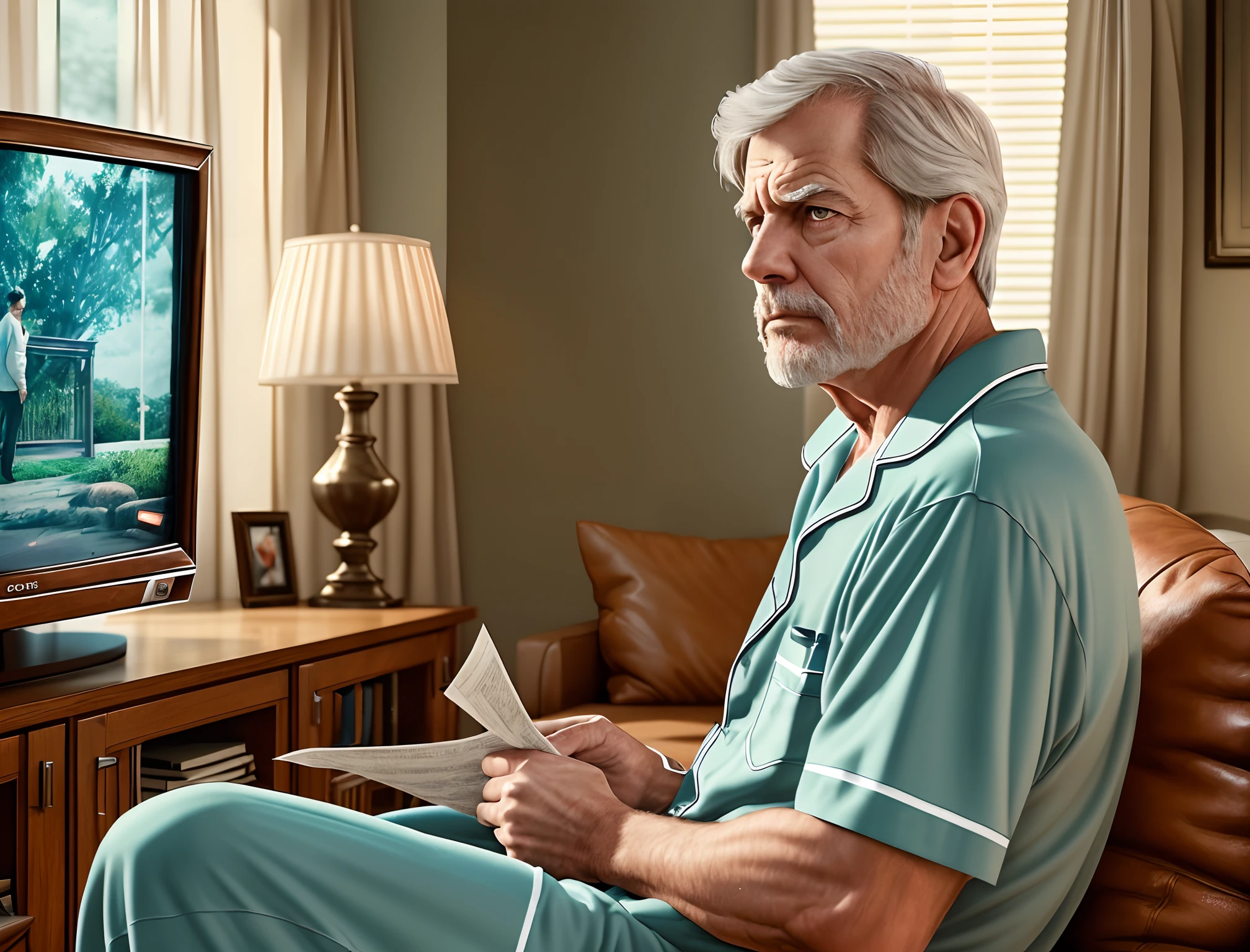 Realistic illustration of a scene based on the 80's, A 60-year-old middle-class man is in a living room sitting on a comfortable leather sofa watching the economics paper on an old television, He wears pajamas and his expression is one of concern, Standing looking at the man is his wife, a 60-year-old lady, watching him with an apathetic gaze, The scene represents worry and anxiety about the future --auto --s2