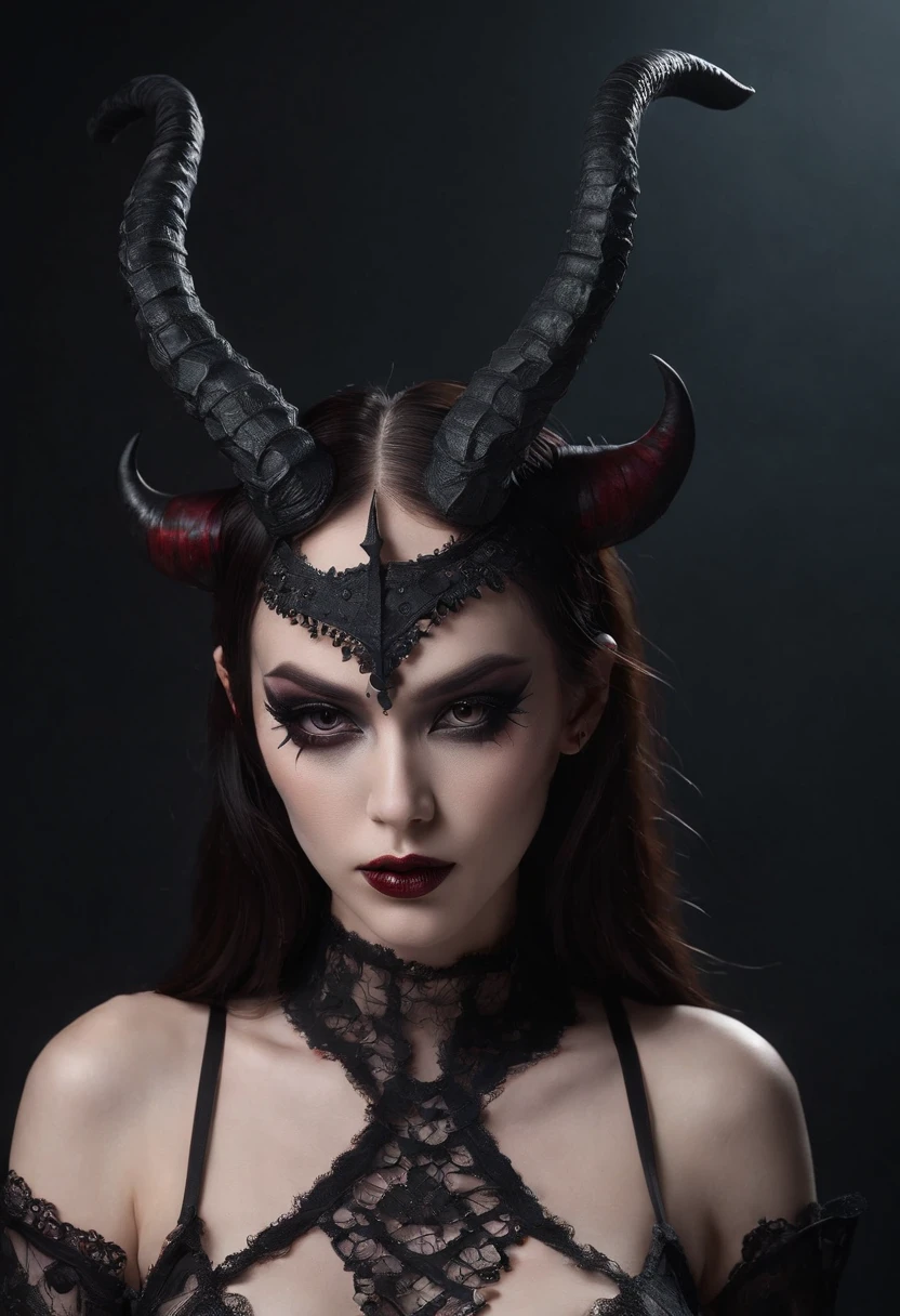 breathtaking demon woman with horns dressed in sexy lingerie posing for a photo in a dark minimal studio, darksynth aesthetic, minimal background, goth makeup, bizarre fashion photography, ultra detailed, masterpiece.