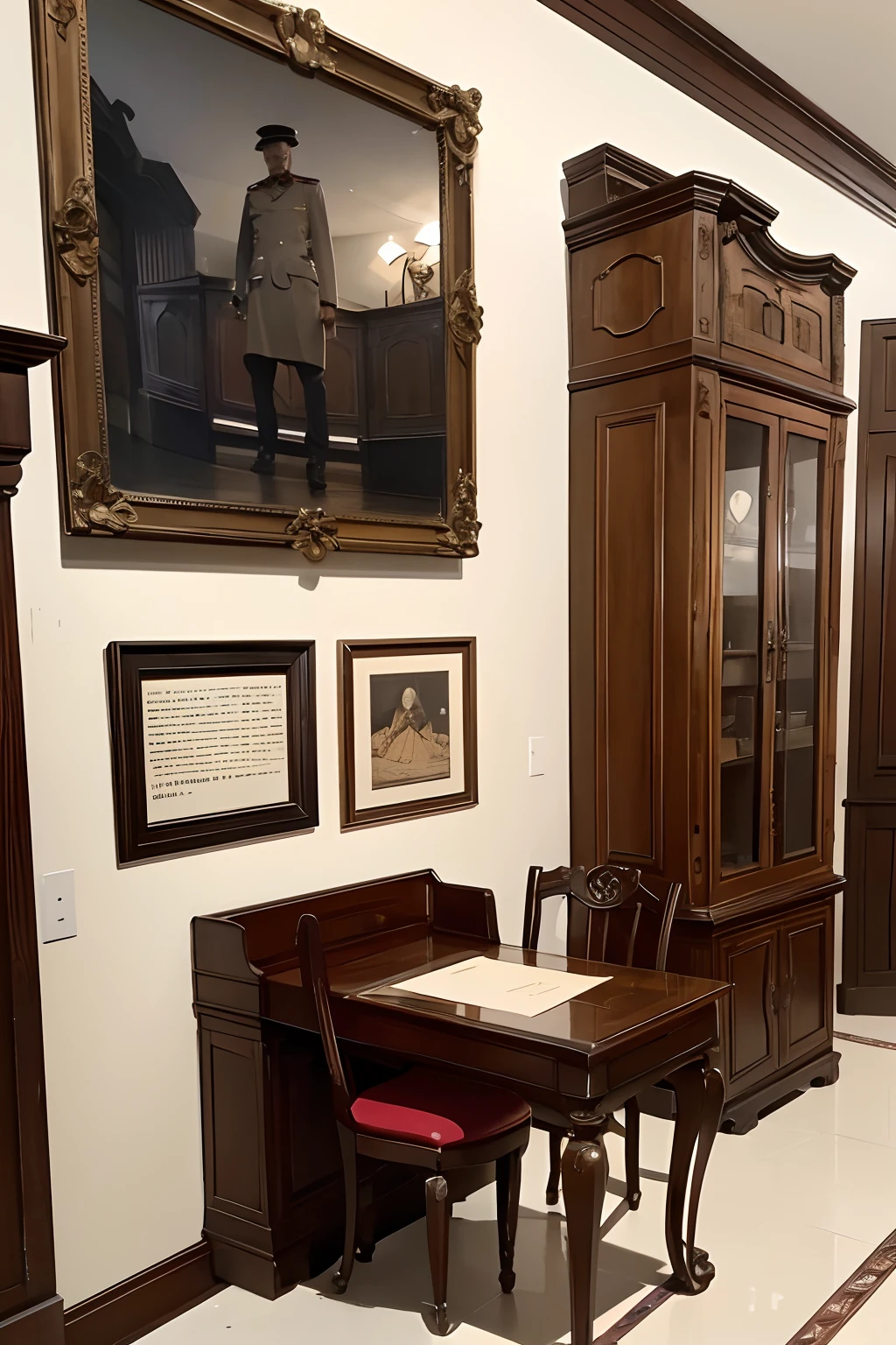 uma sala escura num sotao , sem janelas uma mesa pequena e uma cadeira de escritorio, Nas paredes, World War II relics on display, penumbra , sala escura