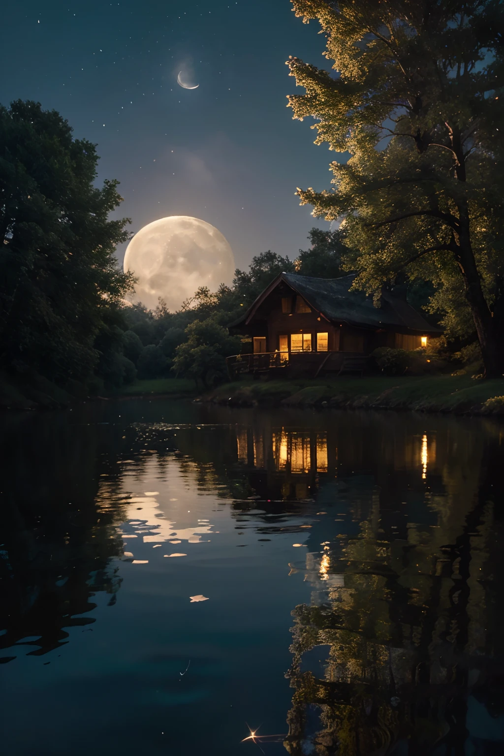 Create a picture with the full moon in Taurus in the night sky, reflecting its soft light on a calm lake. The moon is surrounded by twinkling stars, creating a magical and serene environment. The image conveys a sense of harmony and balance, evoking the sensual and stable energy of Taurus.