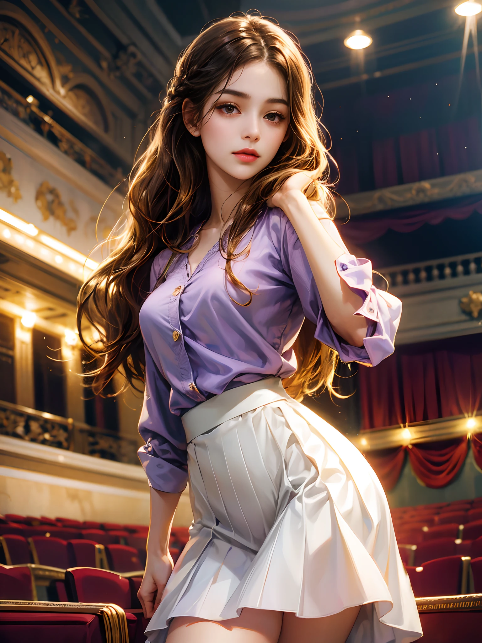 The girl wears a white skirt