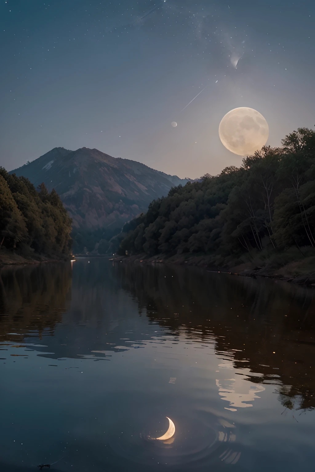 Create a picture with the full moon in Taurus in the night sky, reflecting its soft light on a calm lake. The moon is surrounded by twinkling stars, creating a magical and serene environment. The image conveys a sense of harmony and balance, evoking the sensual and stable energy of Taurus.