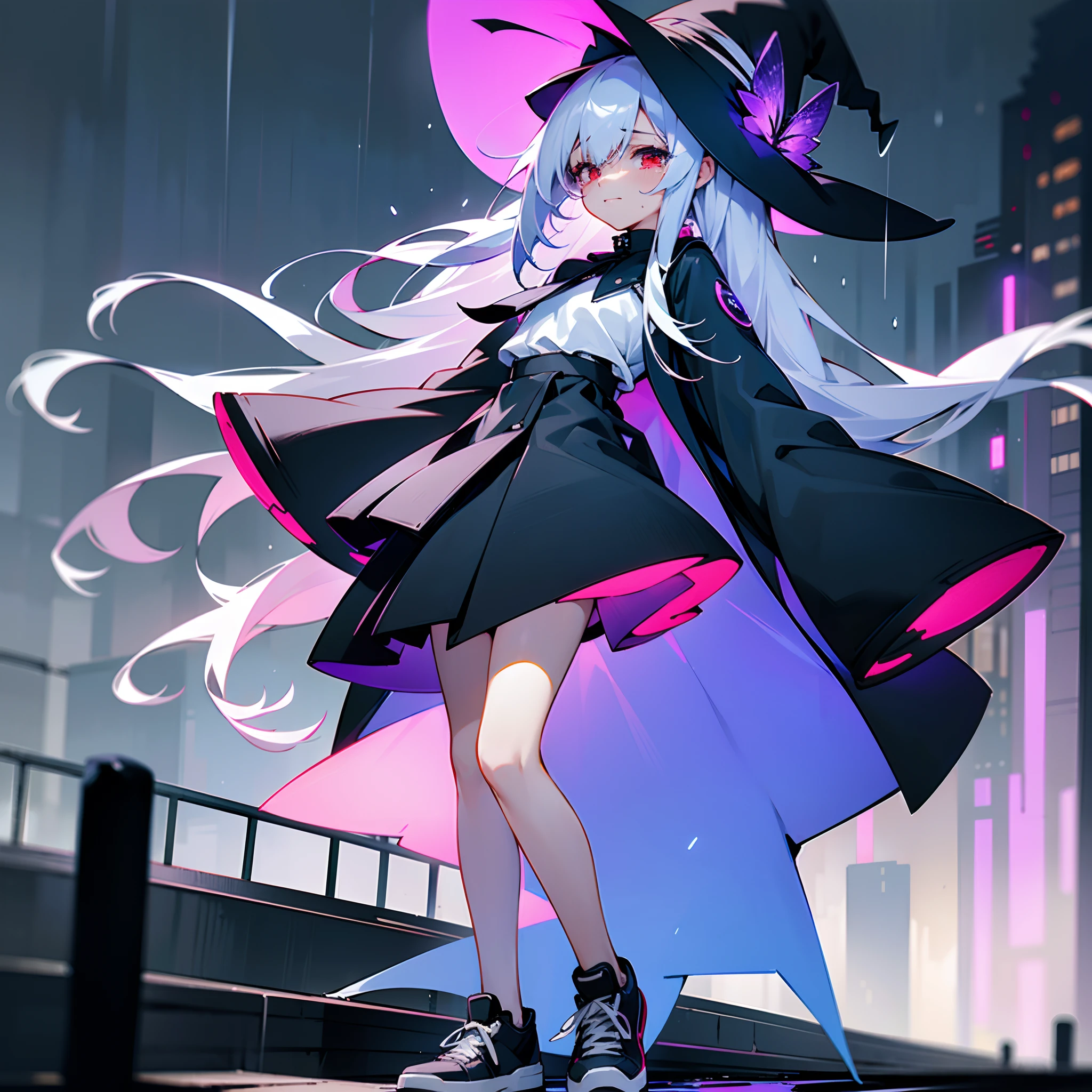 Rainy nights、An urban area lined with buildings、TOKYOcty、Standing Girl、Black coat、white t-shirt、a black skirt、beautiful thigh、Beautiful calves、Rob hair with white hair color with blue-violet mesh、Looking at me crying、Black sneakers with white shoelaces、Large witch hat with sapphire accessories、Red eyes with highlights、
