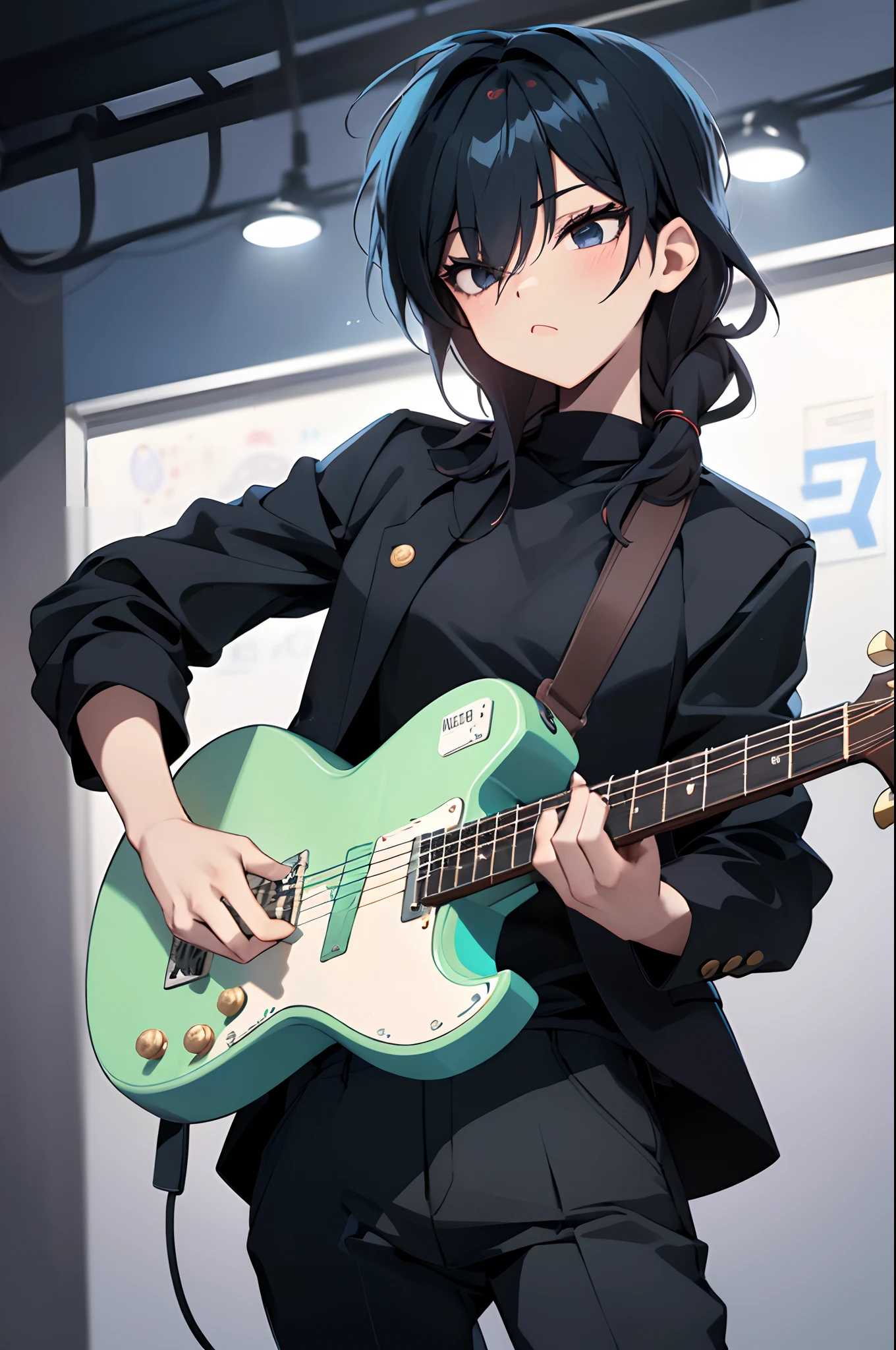 Ishimi, genderbend, garoto de *******, corpo de um jovem garoto, tocando guitarra eletrica, Hands Holding Guitar, foto de corpo inteiro, foto tirada a 3 Metros de distancia, garoto afeminado, mordendo a lingua olhando para a guitarra, se concentrado fazendo solo de guitarra, graves, black pant, jaqueta de couro preto, Astro do rock, foto tirada de frente