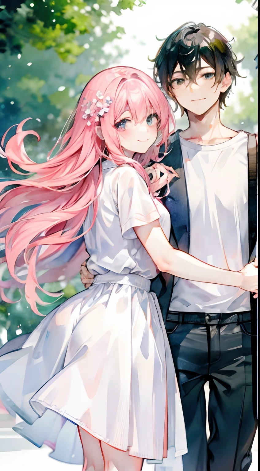 couple, (1man, 1woman), casual cloth, cute couple, happy smile face, romantic atmosphere, looking each other, flower, close up, detailed face, dreamy eyes, soft light, romance, novel cover, webtoon, anime style, watercolor, by makoto sinkai, modern era, holding hand, good proportion, symmetry, (HD, 4K, high resolution, masterpiece)