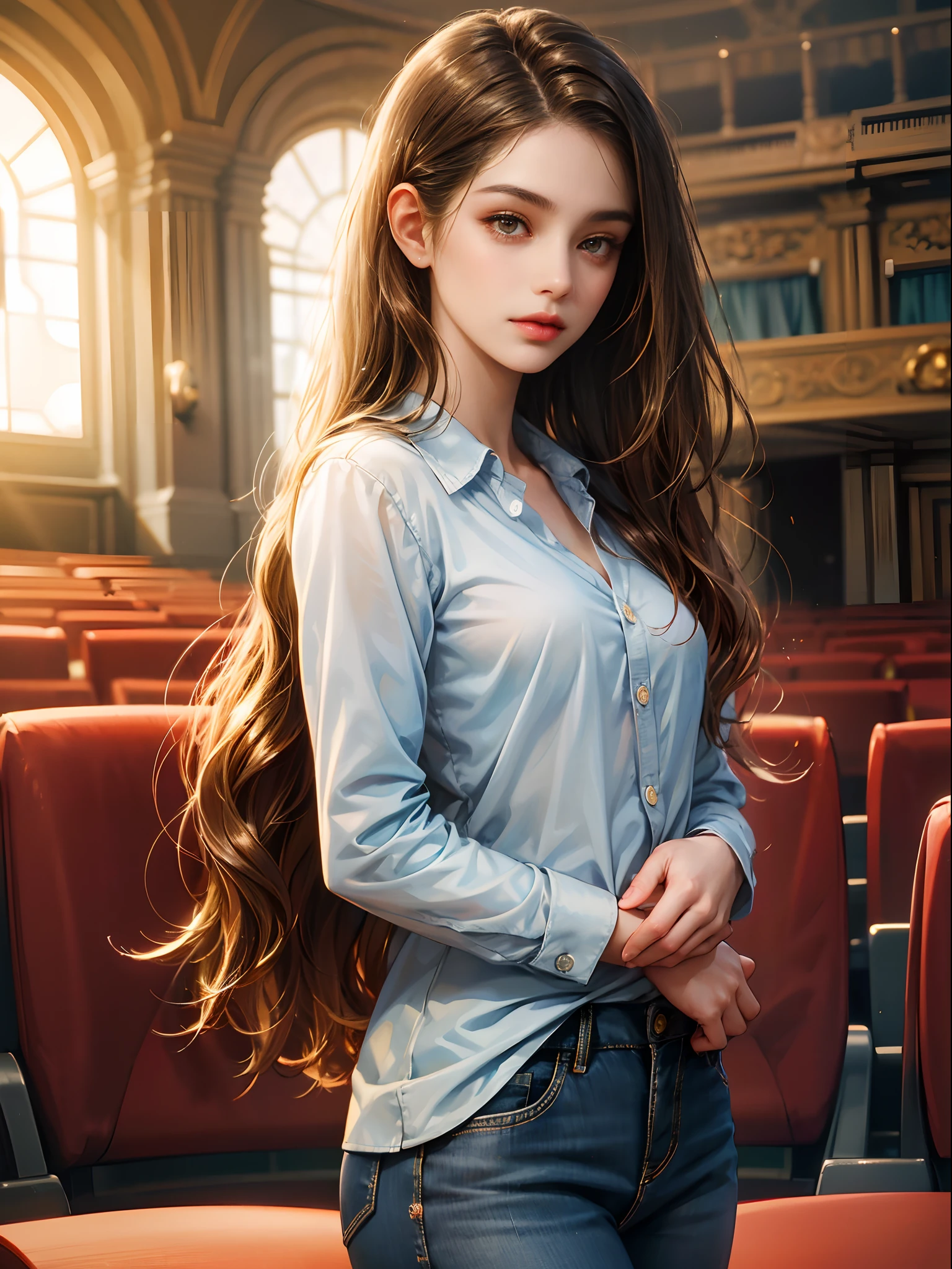 A girl, longe brown wavy hair, no bangs and brown eyes. She wears sky blue shirt, jeans, a beautiful girl, detailed eyes, detailed face, detailed hands, looking at the viewer. Background inside a theatre