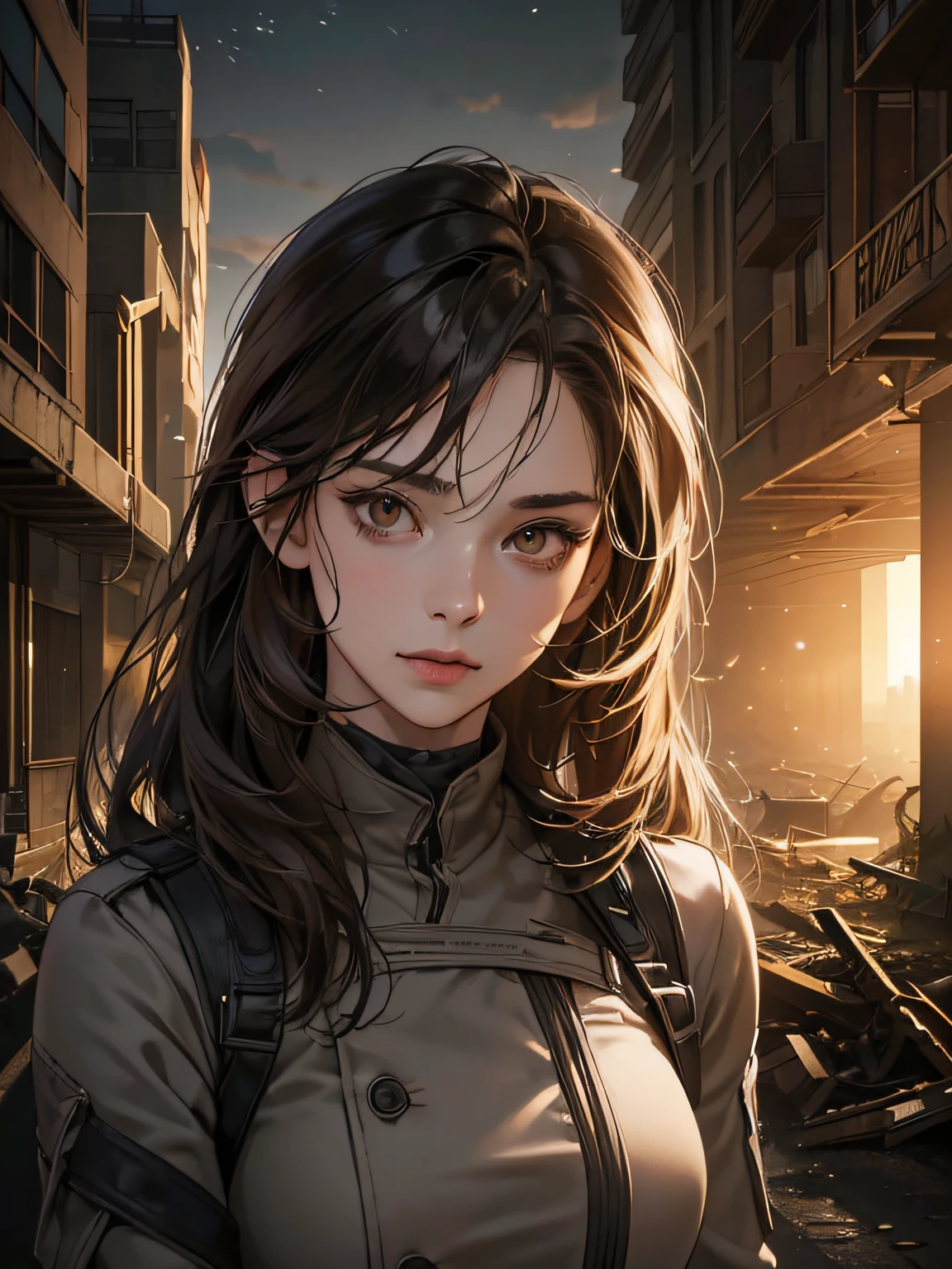 (masterpiece, best quality, ultra detailed, 8K photorealistic dark dystopian setting, realistic lighting, 1:2 hdr image) 1 woman, 28 years old, very beautiful, perfect lines, brown eyes, long hair, movement, modern combat outfit, on the destroyed street, night, chaotic, dystopia (((epic entry))), (((no errors))), (((very detailed))), ((extremely well done))), (((face focus , Perfect face)))