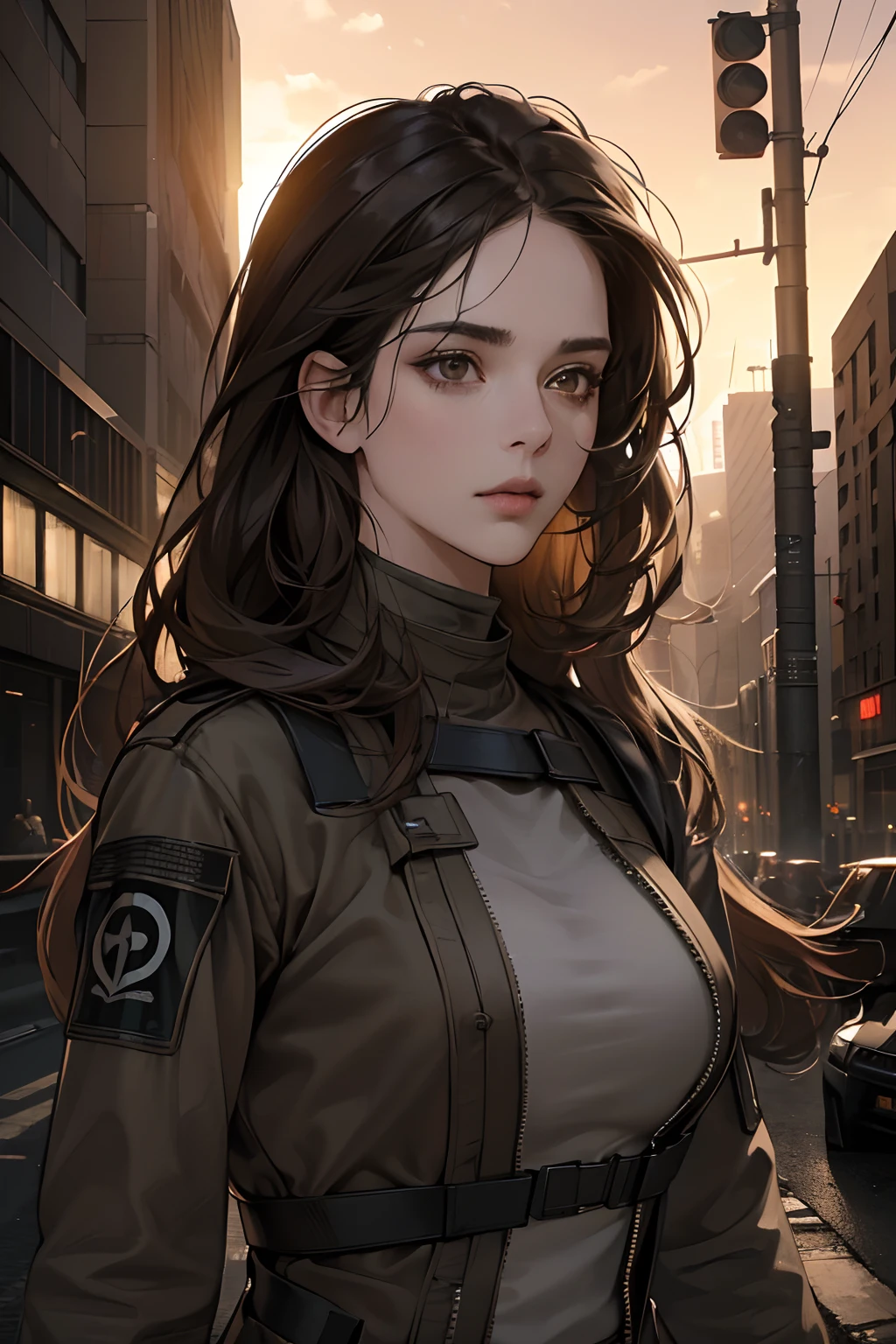 (masterpiece, best quality, ultra detailed, 8K photorealistic dark dystopian setting, realistic lighting, 1:2 hdr image) 1 woman, 28 years old, very beautiful, perfect lines, brown eyes, long hair, movement, modern combat outfit, on the destroyed street, night dystopia, (((no errors))), (((very detailed))), ((extremely well done))), (((face focus, perfect face)))