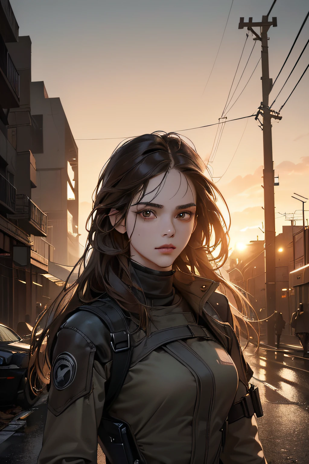 (masterpiece, best quality, ultra detailed, 8K photorealistic dark dystopian setting, realistic lighting, 1:2 hdr image) 1 woman, 28 years old, very beautiful, perfect lines, brown eyes, long hair, movement, modern combat outfit, on the destroyed street, night dystopia, (((no errors))), (((very detailed))), ((extremely well done))), (((face focus, perfect face)))