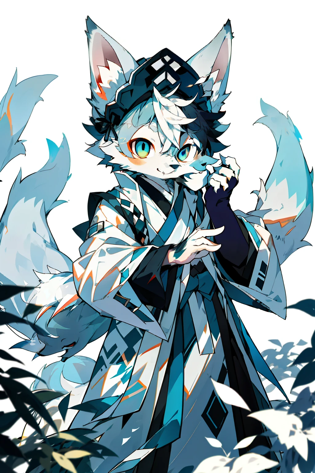 depth of fields,lighting perfect,light particules,(best qualtiy),(top-quality)(tmasterpiece),(ultra - detailed),arctic fox,White fur,White ears,Sharp focus,Sharp eyes,blue color eyes,Furry,Hanfu,Chinese style clothes,arctic fox,white colors,shaggy,White tail,Long tail,the street,ssmile