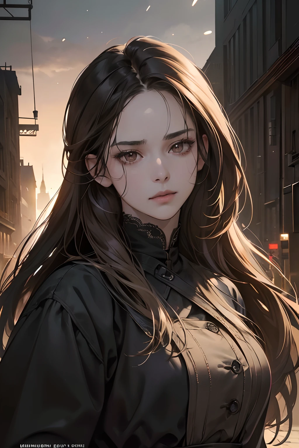 masterpiece, best quality, ultra detailed, 8K photorealistic dark dystopian setting, realistic lighting, HDR image, Manhwa art, 1 28 year old woman, very beautiful, perfect lines, brown eyes, long hair, movement, wearing black clothes, na destroyed street, nighttime dystopia, (((no errors))), (((very detailed))), ((extremely well done))), (((face focus, perfect face)))