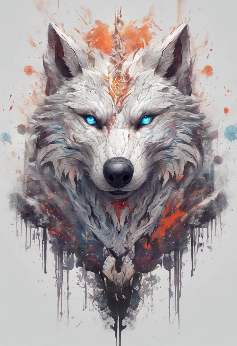 Splash art, a wolf head, ((white background)), piercing eyes, epic Instagram, artstation, splash style of colorful paint, contour, hyperdetailed intricately detailed , unreal engine, fantastical, intricate detail, splash screen, complementary colors, fantasy concept art, 8k resolution, deviantart masterpiece, oil painting, heavy strokes, paint dripping, splash arts
