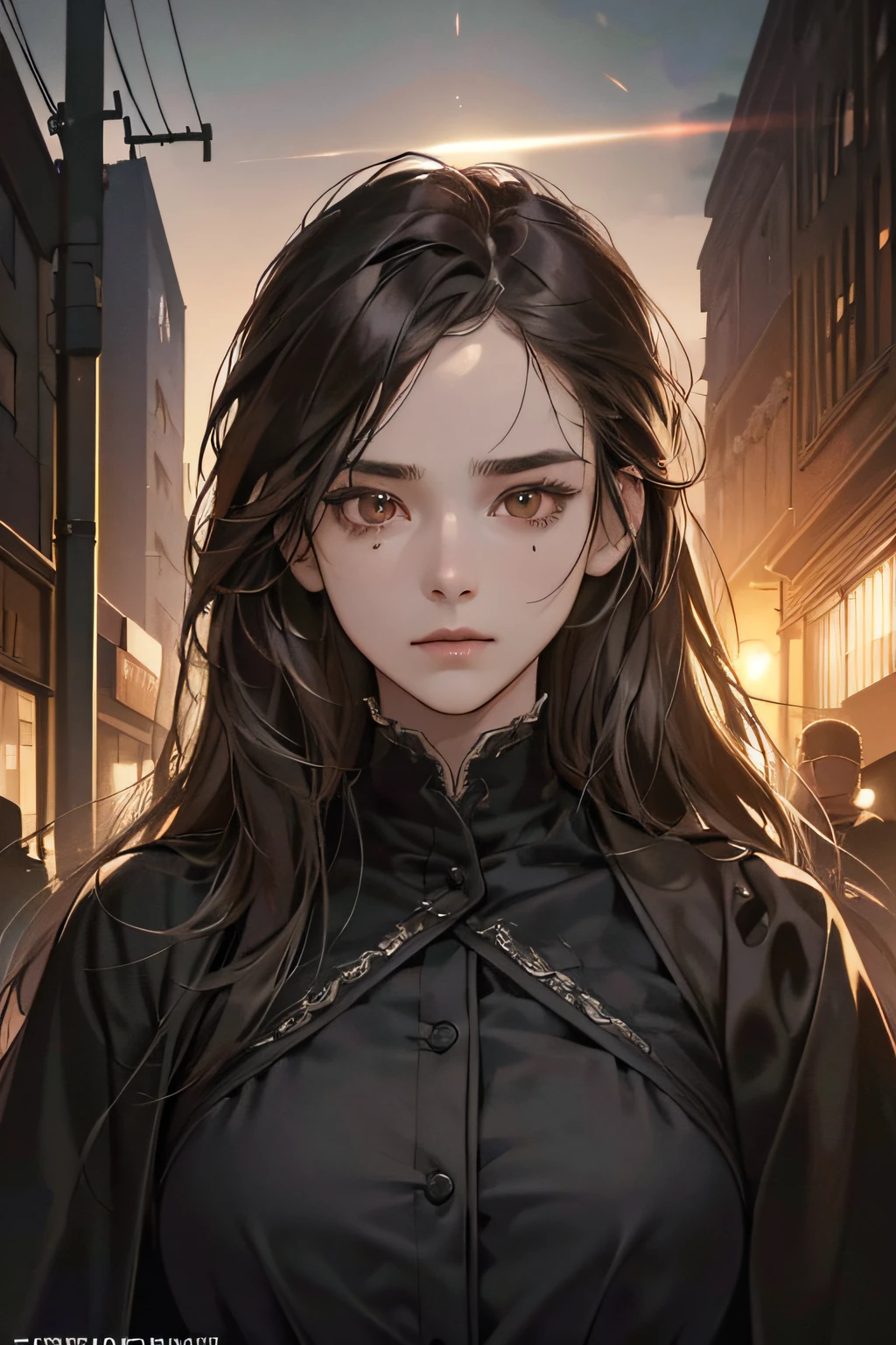 masterpiece, best quality, ultra detailed, 8K photorealistic dark dystopian setting, realistic lighting, HDR image, Manhwa art, 1 28 year old woman, very beautiful, perfect lines, brown eyes, long hair, movement, wearing black clothes, na destroyed street, nighttime dystopia, (((no errors))), (((very detailed))), ((extremely well done))), (((face focus, perfect face)))