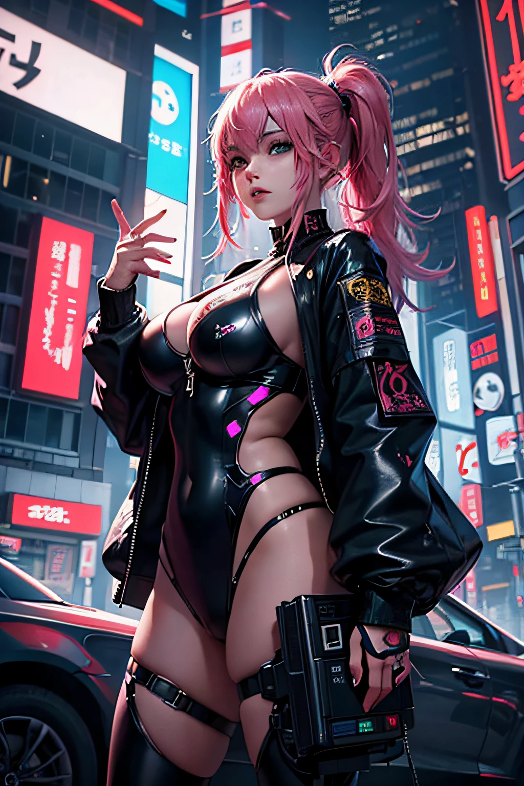 highest quality image, masterpiece, (detailed: 1.4), perfect drawing, anime girl, cyberpunk style, big breasts, cyberpunk jacket, tattoo on side of head, background scenery, tokyo, neon
