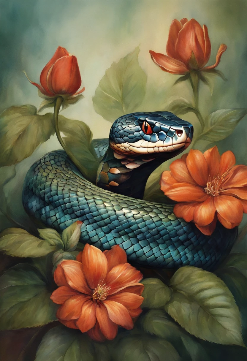 Snake head in the watercolor style of David Paul Seymour with flowers and vibrant hues.