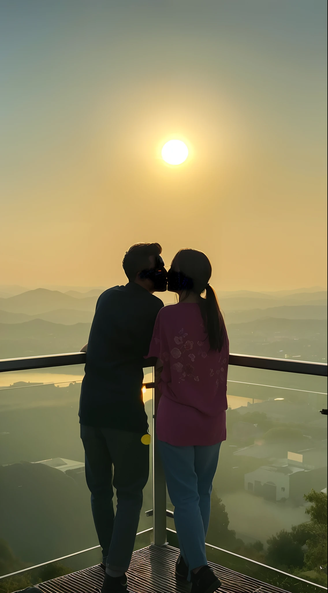 They kissed on the balcony,Beautiful view over the valley, late sunset, during sunrise, With sunset, late sunset, taken at golden hour, Sunset view, kissing together cutely, At sunrise, sun is in the top, prime time, sunset sunrise, during dawn, at the sunset, with a sunset, at a beautiful sunset, Sunset!!!