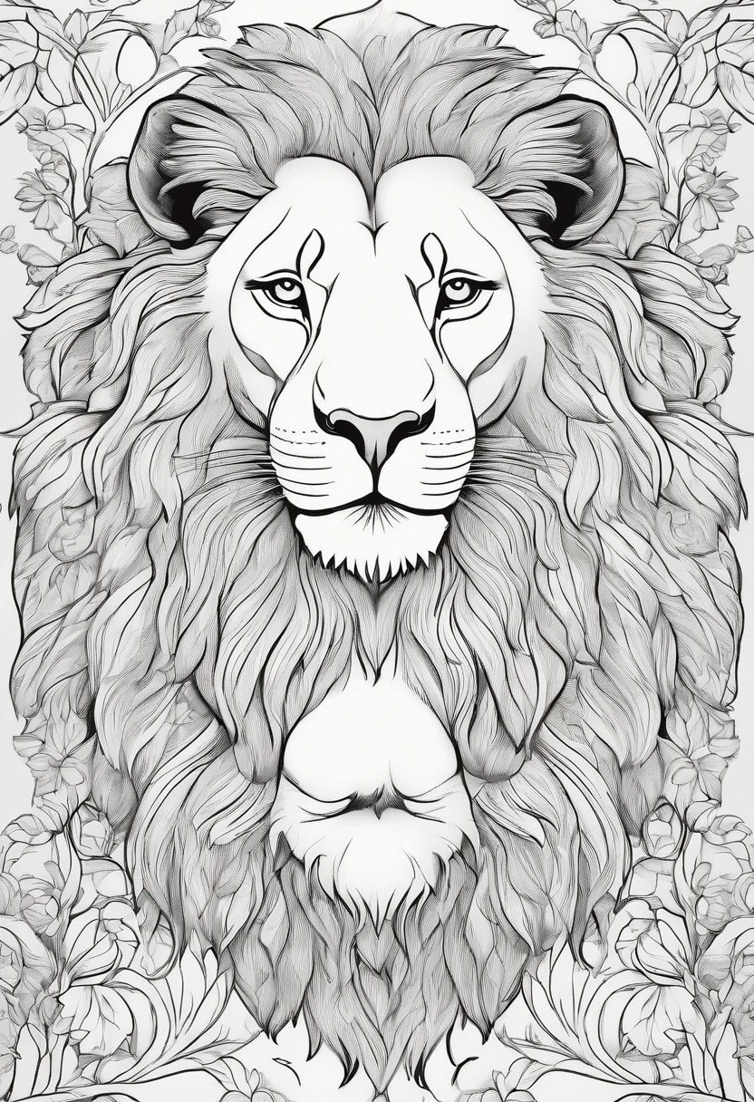 coloring book of lion, cartoon style, thick lines, no color, white background, strokes only