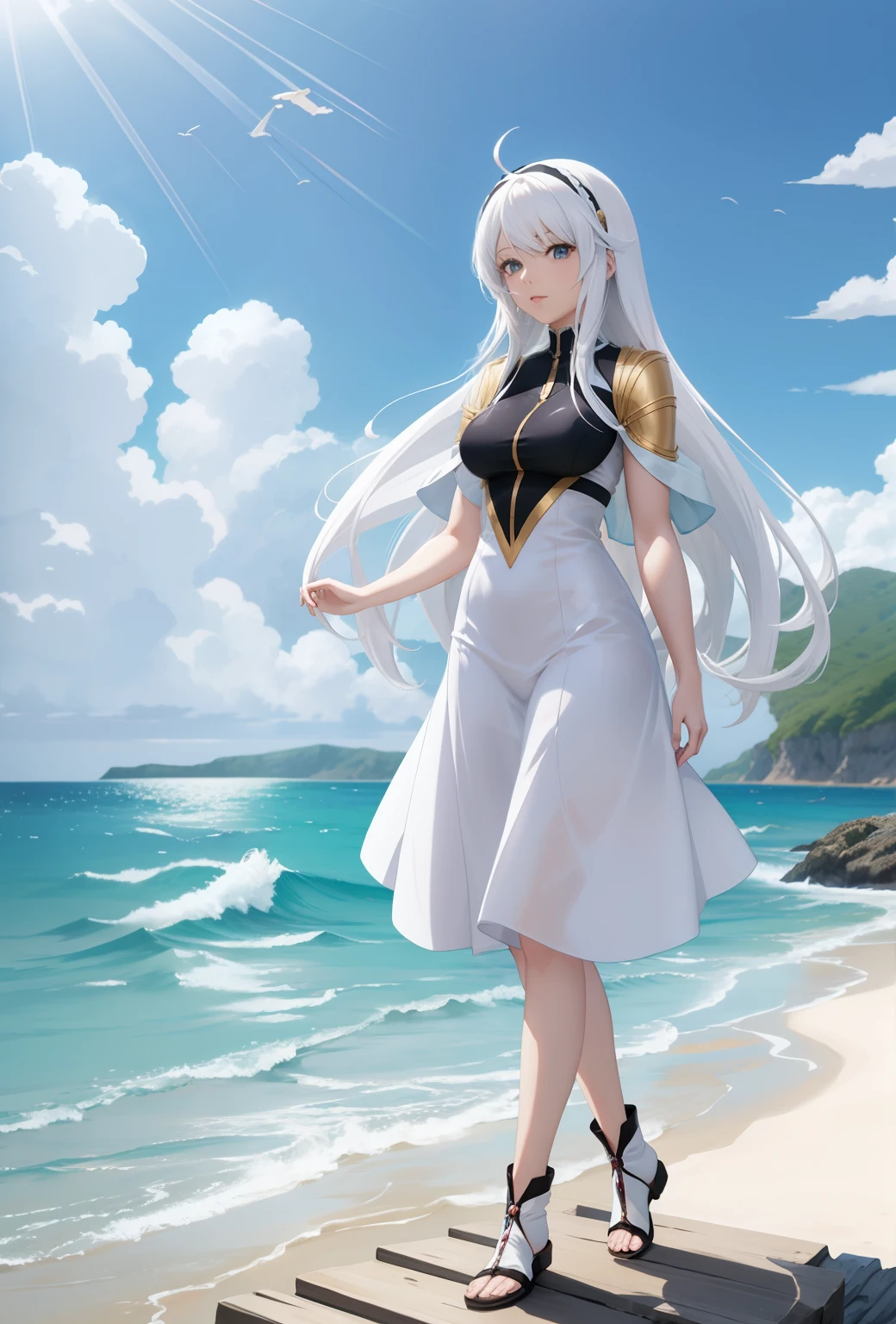 anime woman standing on the sea shore, white haired woman, anime woman, beautiful anime woman