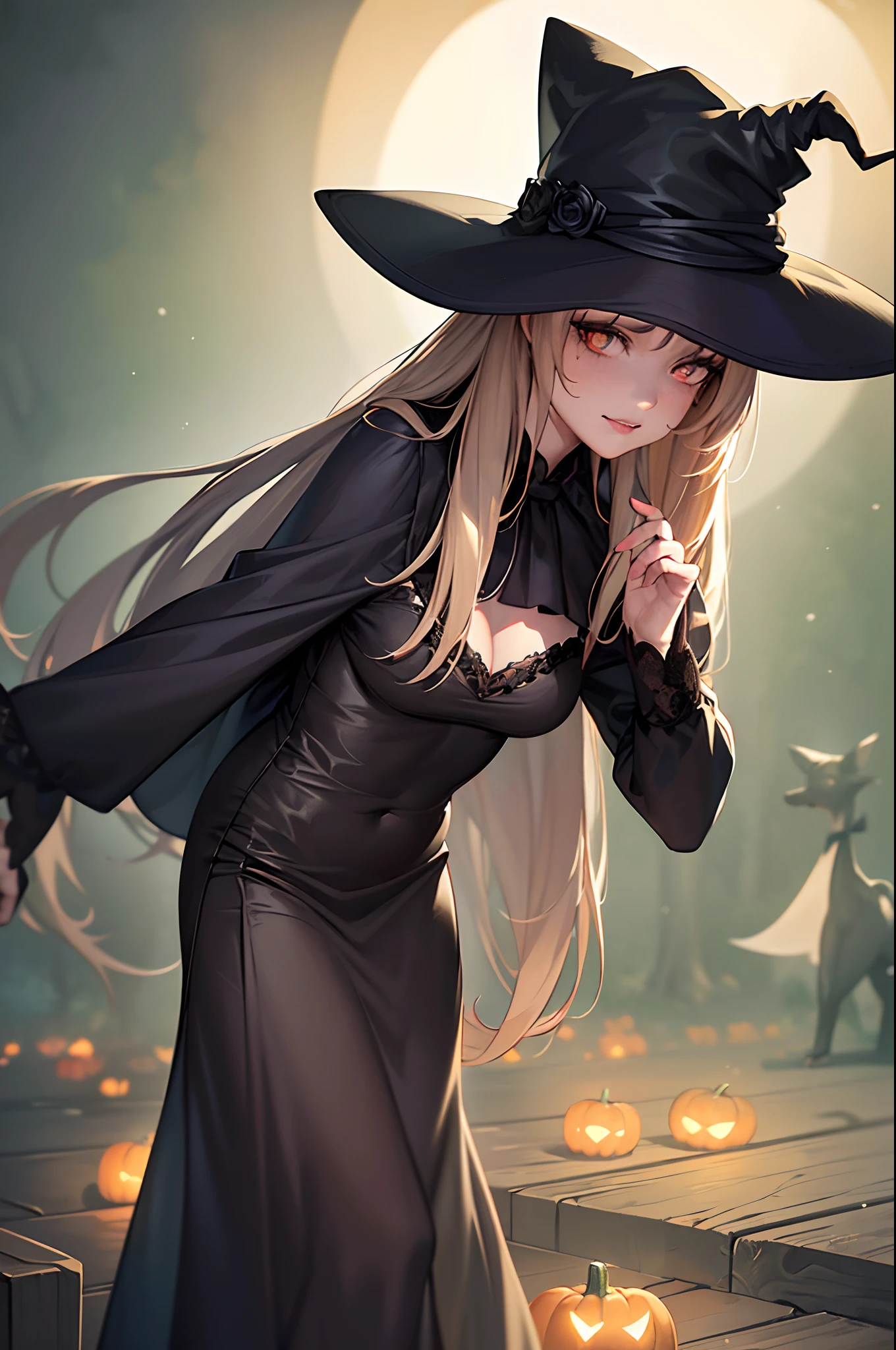 (Masterpiece), beste-Qualit(Best Quality,4k,8K,High Resolution,Masterpiece:1.2),Ultra-detailed,(Realistic,Photorealistic,Photorealistic:1.37),The Girl in the Hat,(hat:1.1),Scary and mysterious atmosphere,Horror style,Witch costume,Long black hair,beautiful detail eyes,beautiful detailed lips,makeup:Halloween pumpkin carving,Spooky Lights,Creepy background,Dark Forest,full moon,Gloomy facial expressions,Phantom Liquids,The Enchanted Garden,Magic in the air,Pumpkin Lanterns,flying bats,Shivering Stars,Fine Mist,Dancing Shadows,Autumn colors,Gloomy Forest,Gothic atmosphere,halloween theme,Black Cat Sneaking Everywhere, Witch's Hat and Broom, Playful Witches, Magic aura, Kotel Vedmina, Carved pumpkins, Ghostly apparitions, Book of Witches' Spells, Bright orange and black colors, whispering winds, Crackling Fire.pa, expressive eyes, a perfect face