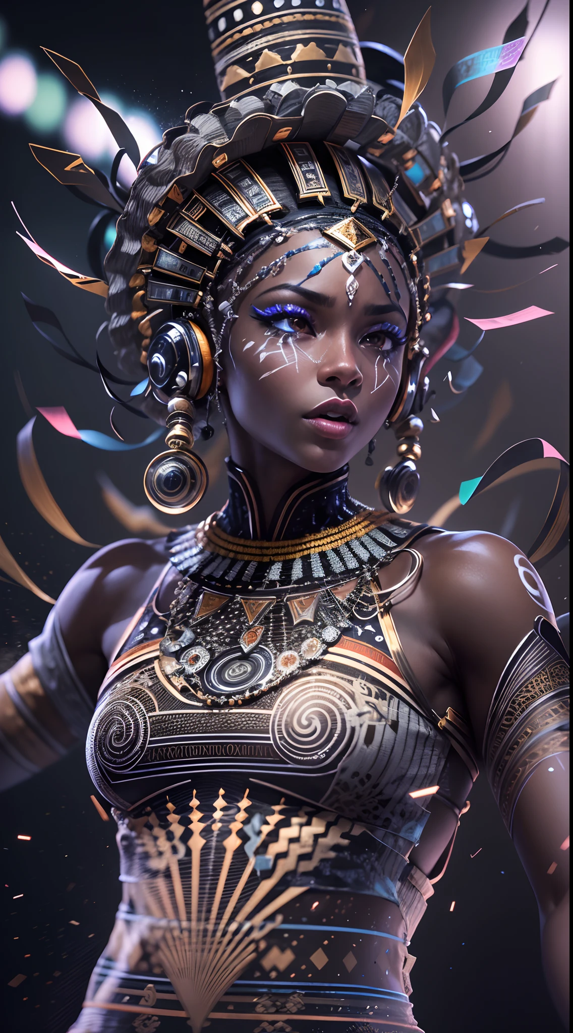 (african,Mechanical)Dancer,Robust,Outstanding performance, Energetic energy,Expressive movements,Unique costume design,Delicate headgear,Silver metal connector,Blinking LED light,Colorful patterns,Stylized face painting,Dynamic background,Striking pose,fluid movement,Mesmerizing synchronization,posing elegantly,The audience applauded,Sharp camera angle,High contrast lighting,Flashing visuals,Impressive agility,Precise footwork,rotating gracefully,Explosive jumps,Athletic ability,Immersive audio,Ethereal music,Uplifting atmosphere,Unforgettable experience,Hypnotic rhythm,Thunderous drums,Exciting stage presence,Seamless transition between moves,Choreographed carefully,Digital projection,Multimedia elements,Spin props,smoke effect,Slow-motion shots,Engaging storytelling.