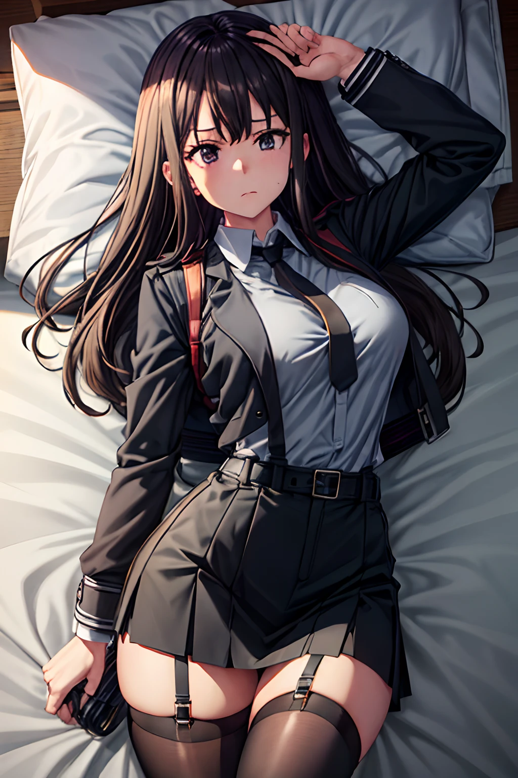 Suit,Collared shirt,Belt bag,Suspenders Black Miniskirt garterbelts knee high Stockings Black Niso Colorcon armpit sweat perspiring Side of both hands,Black jacket,Gaze,ample bosom,Armpit sweat,Exposing the armpits"Tight clothes、Raise your hands、wristbands Lying in bed Behind the back