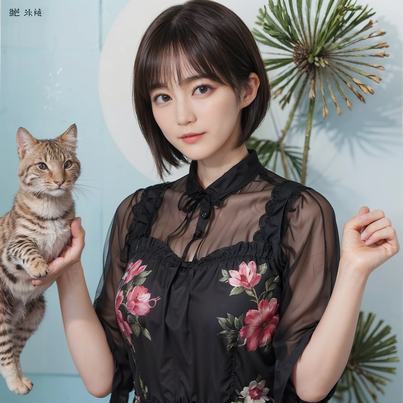 60
(a 20 yo woman,is standing), (A hyper-realistic), (masutepiece), ((A dark-haired、short-hair:1.3)), (Breast), Gentle expression, (Clothing printed with wild animal characters)