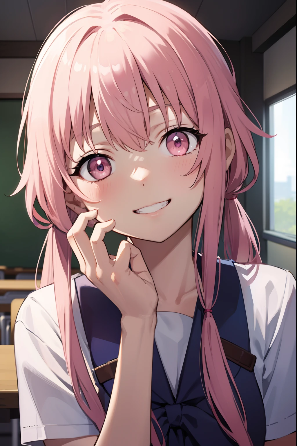 yunogasai, yuno gasai, long hair, (pink eyes:1.5), pink hair, smile, grin, low twintails,
BREAK school uniform,
BREAK indoors, classroom,
BREAK looking at viewer, BREAK (masterpiece:1.2), best quality, high resolution, unity 8k wallpaper, (illustration:0.8), (beautiful detailed eyes:1.6), extremely detailed face, perfect lighting, extremely detailed CG, (perfect hands, perfect anatomy),