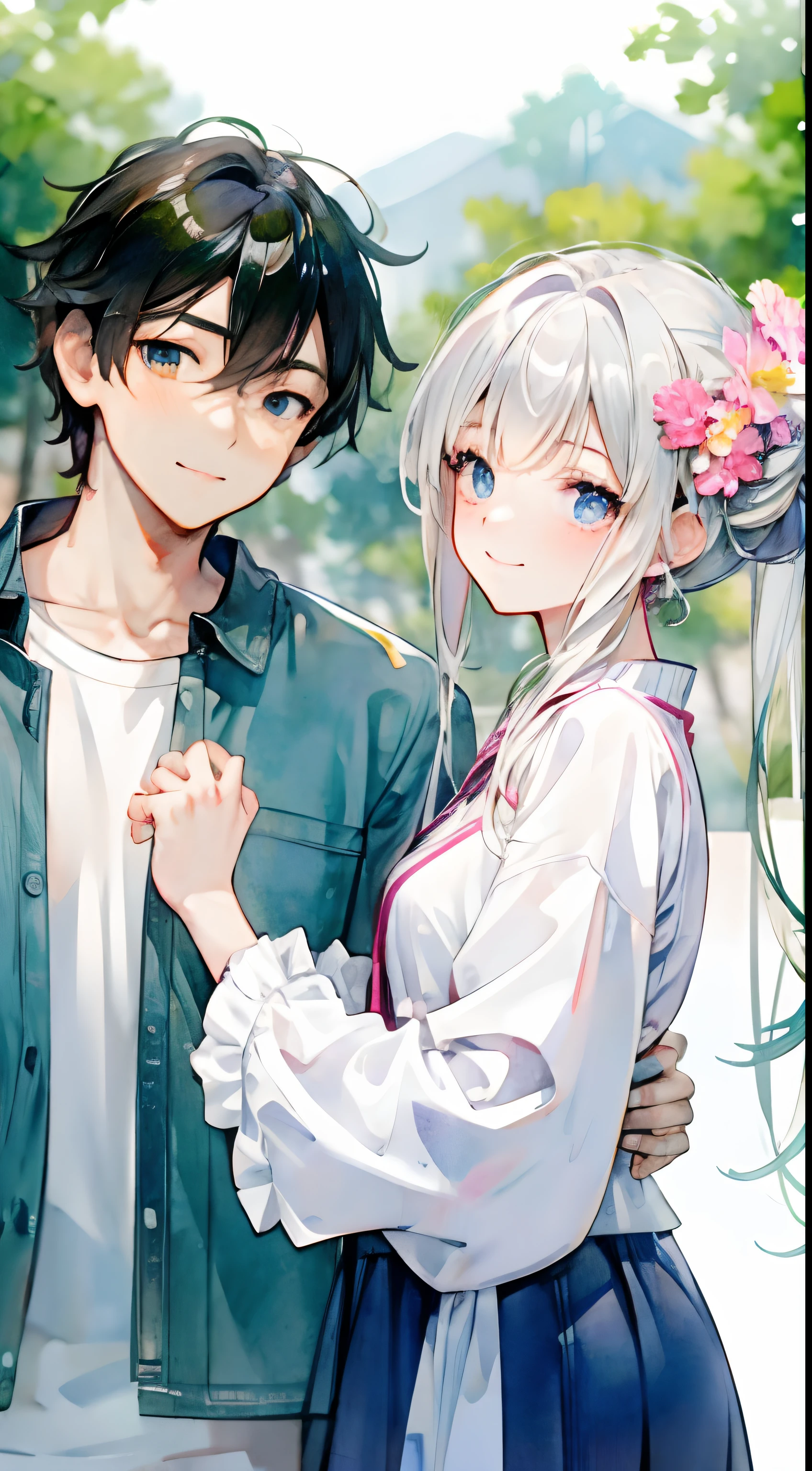 couple, (1man, 1woman), casual cloth, cute couple, happy smile face, romantic atmosphere, looking each other, flower, close up, detailed face, dreamy eyes, soft light, romance, novel cover, webtoon, anime style, watercolor, by makoto sinkai, modern era, holding hand, good proportion, symmetry, (HD, 4K, high resolution, masterpiece)