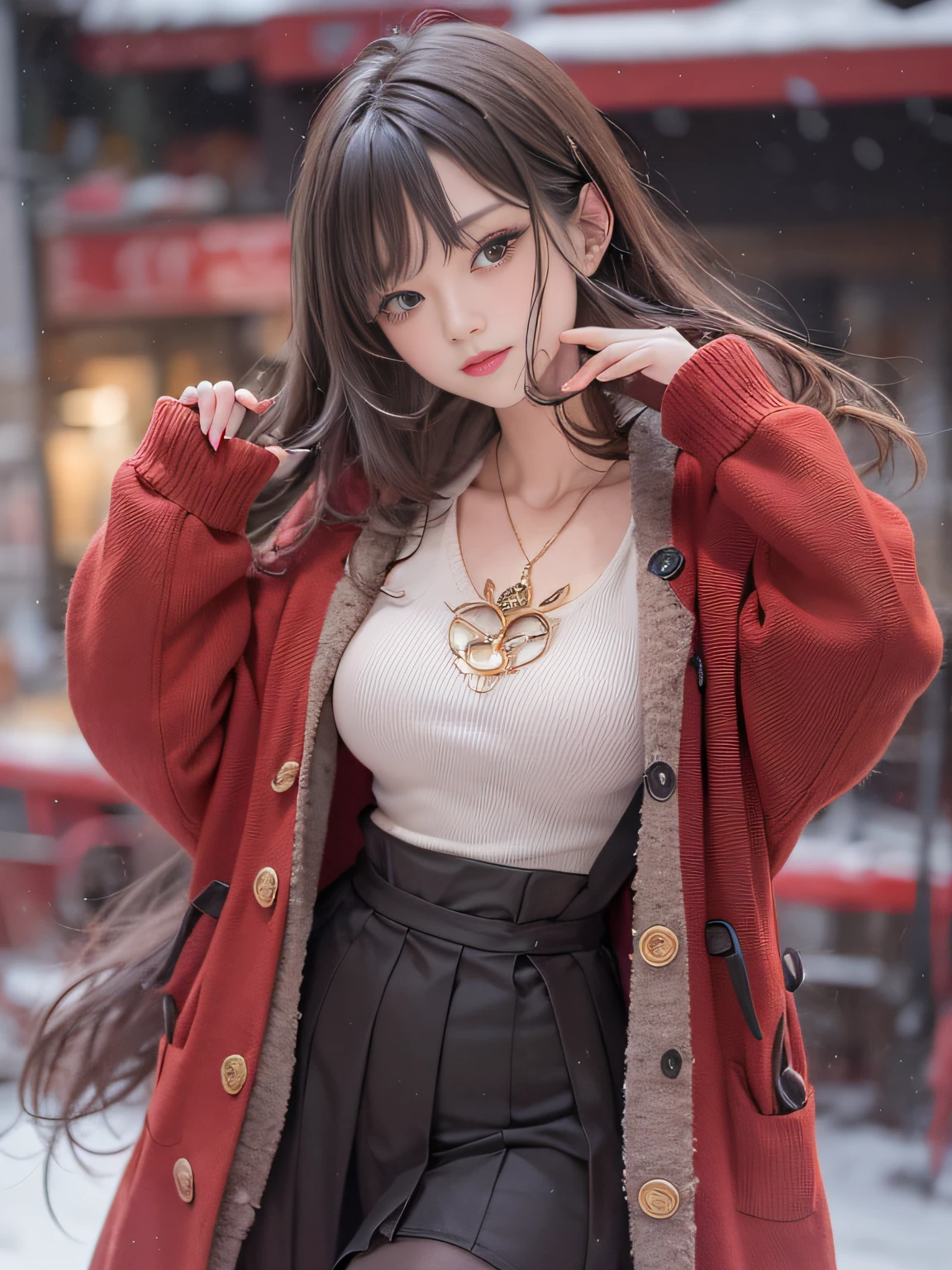 top-quality、masutepiece、high-level image quality、ultra-definition、accurate depiction、One lady、25 year old woman、Beautuful Women、japanes、goddess of Japan、with round face、dye one's cheeks red、Thick long beige coat、Wine Red Sweater、Black miniskirt in felt fabric、Black tights、Black boots、(tre anatomically correct)、large full breasts、thighs thighs thighs thighs、A slender、Great Promotions、Snowy city、early evening、Sunset、Blur the background、model poses、Looking at the camera、masutepiece