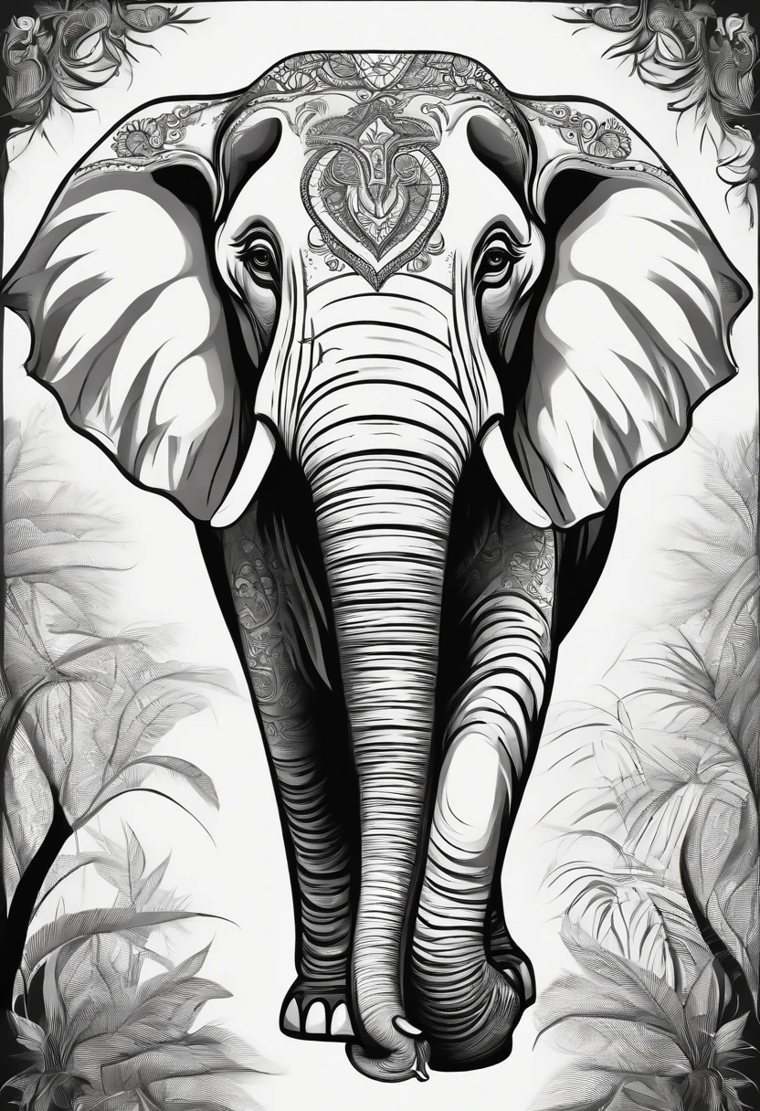 Elephant, cartoon style, thick lines, no color, white background, strokes only.