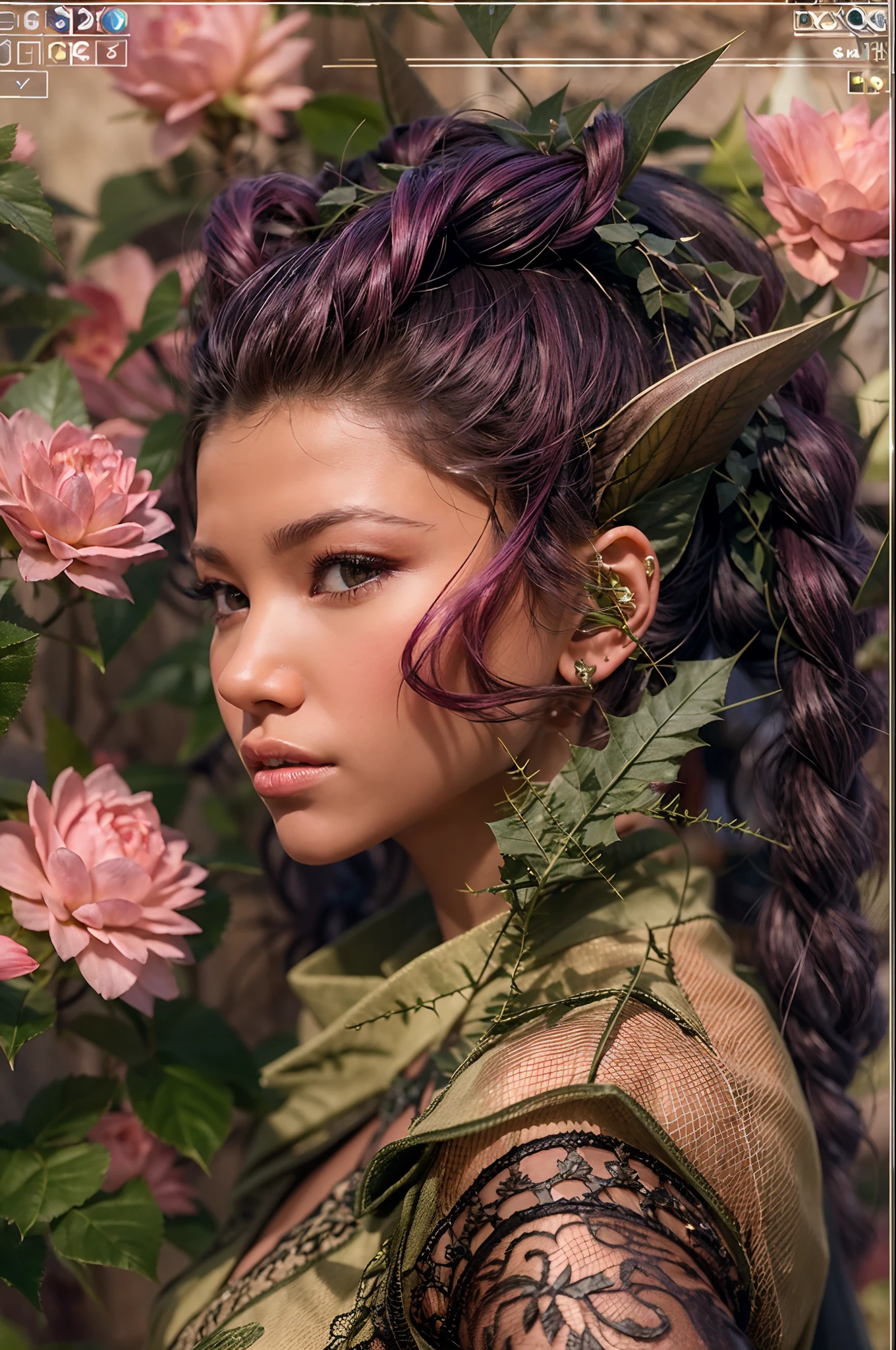 (zendaya:Evangeline Lilly) [woman:Plant:15], (masterpiece:1.4, best quality), (intricate details), unity 8k wallpaper, ultra detailed, beautiful and aesthetic, (surrealism:1.4), affinity for plants, can control their growth, shape, and even communicate with them, manipulate their thorns and vines, command them to perform specific tasks, long hair, pink hair, pointy ears