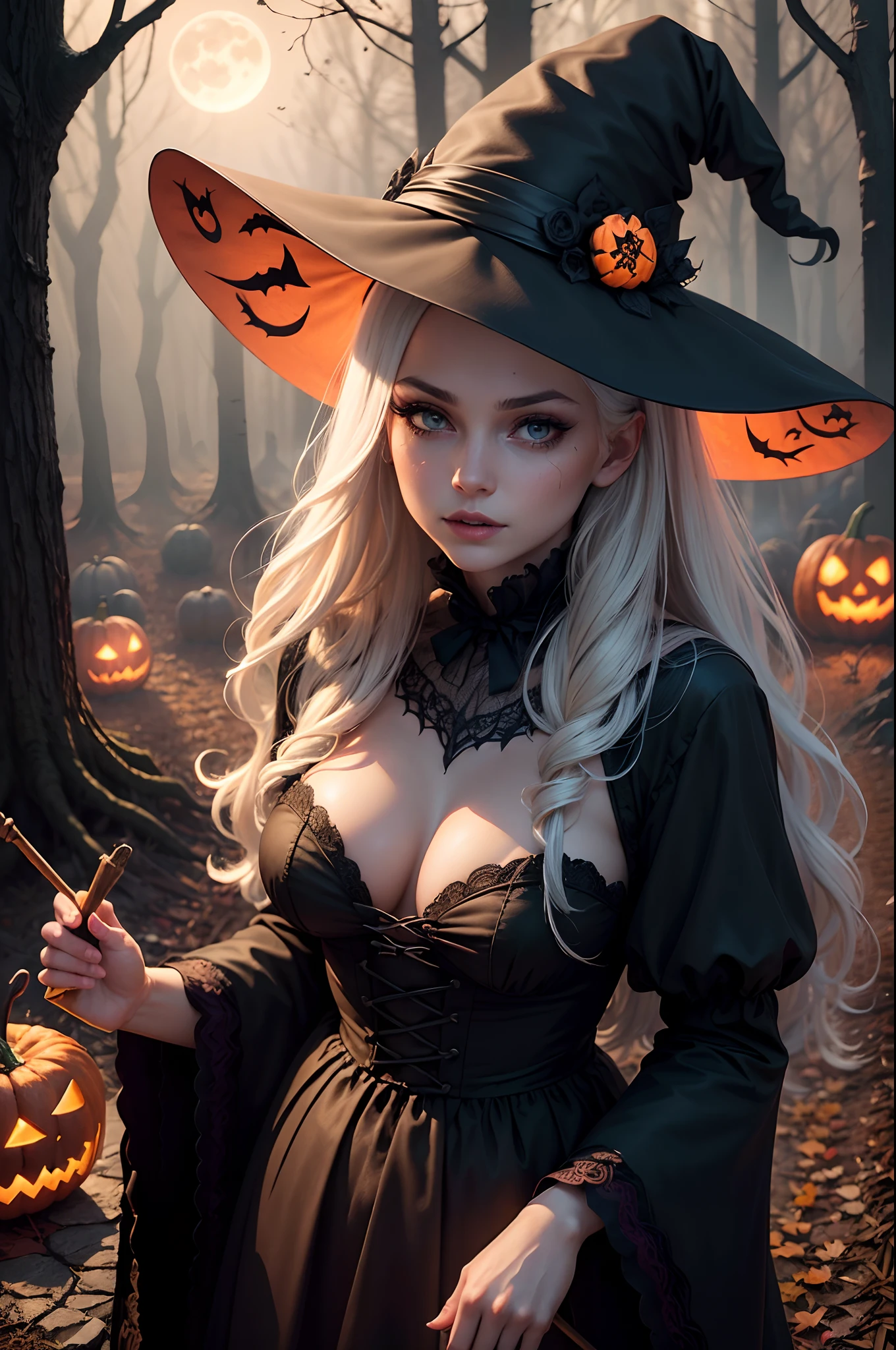 (Masterpiece), beste-Qualit(Best Quality,4k,8K,High Resolution,Masterpiece:1.2),Ultra-detailed,(Realistic,Photorealistic,Photorealistic:1.37),The Girl in the Hat,(hat:1.1),Scary and mysterious atmosphere,Horror style,Witch costume,Long black hair,beautiful detail eyes,beautiful detailed lips,makeup:Halloween pumpkin carving,Spooky Lights,Creepy background,Dark Forest,full moon,Gloomy facial expressions,Phantom Liquids,The Enchanted Garden,Magic in the air,Pumpkin Lanterns,flying bats,Shivering Stars,Fine Mist,Dancing Shadows,Autumn colors,Gloomy Forest,Gothic atmosphere,halloween theme,Black Cat Sneaking Everywhere, Witch's Hat and Broom, Playful Witches, Magic aura, Kotel Vedmina, Carved pumpkins, Ghostly apparitions, Book of Witches' Spells, Bright orange and black colors, whispering winds, Crackling Fire.pa, expressive eyes, a perfect face