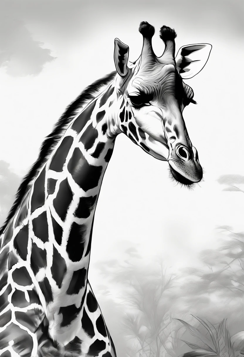 Giraffe, cartoon style, thick lines, no color, white background, strokes only.