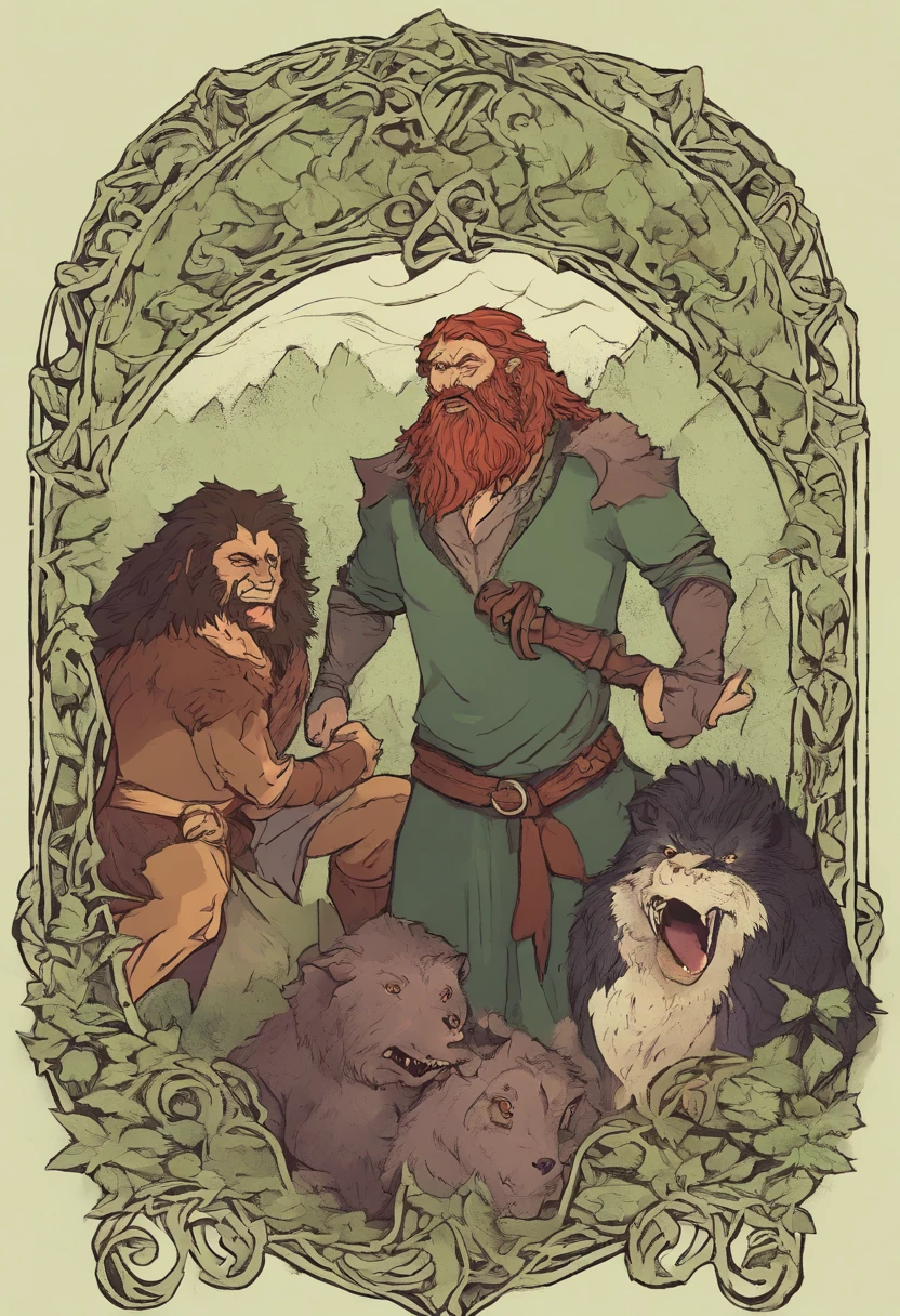 Um "macaco" vestindo um manto roxo e uma cartola, jogando "magic the gathering card game", accompanied by a black and green dire wolf snarling at the camera, Taberna medieval,Retratos,vivid colors,soft lighting, master part, best quality