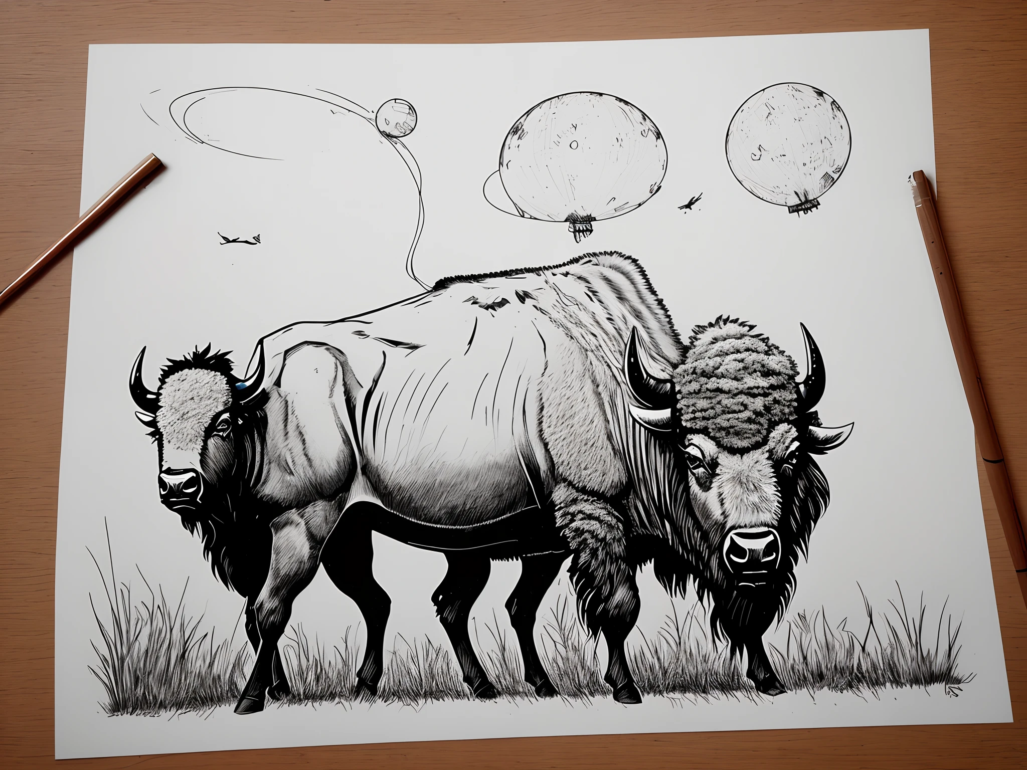 Line drawing of bison and aliens