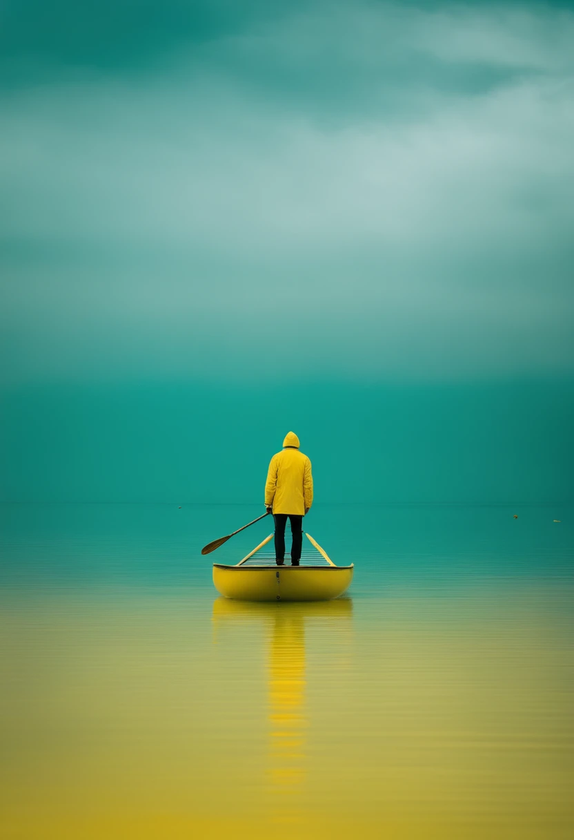 A yellow and turquoise photograph of a person on a raft floating in completely still waters, in the style of abstract minimalism, negative space, kodak porta 800
