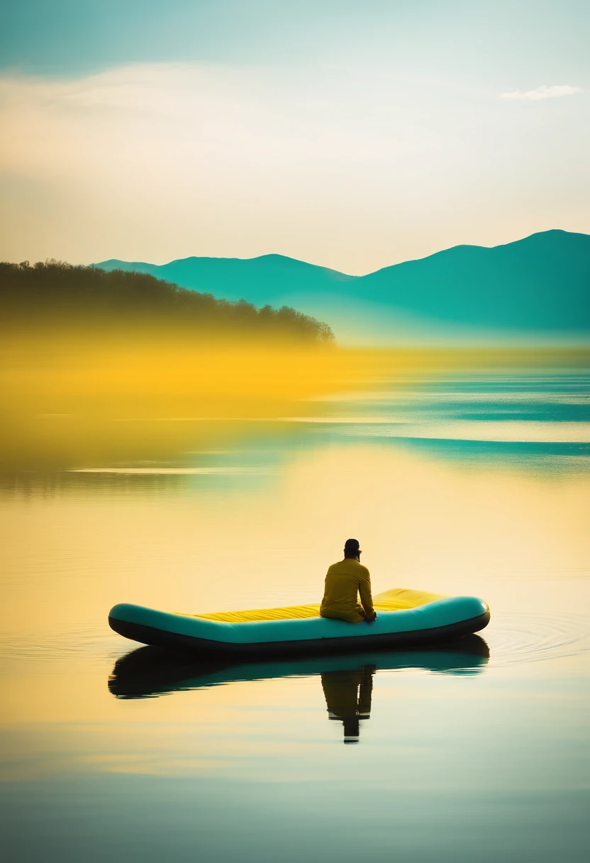 A yellow and turquoise photograph of a person on a raft floating in completely still waters, in the style of abstract minimalism, negative space, kodak porta 800