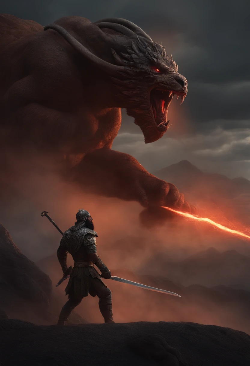 in the style of colorful moebius, precisionist lines, bronzepunk, pseudo-realistic, aurorapunk, , battle between Rostam, an ancient Iranian warrior, and a terrifying black creature. Rostam is wearing a helmet with horn and has long hair and beard. He is holding a sword and shield and is attacking the creature. His sword is glowing with the power of good. creature is angry giant with red glowing eyes, stand on feet, The creature's skin is covered in scales, The scene is dusty and chaotic. cloudy sky, fog and smoke, mountain in background, dramatic twilight, bird eye view